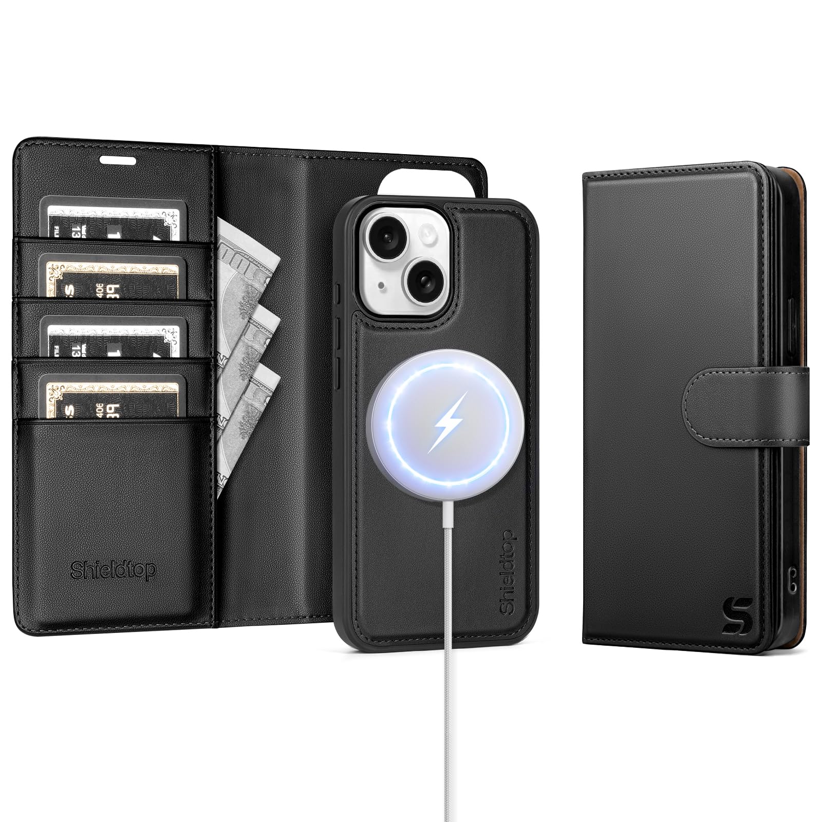 Shieldtop Compatible with MagSafe iPhone 15 Wallet Case,Black | 2 in 1 Detachable Magnetic,Credit Card Holder Slots,RFID Blocking,PU Leather,Kickstand