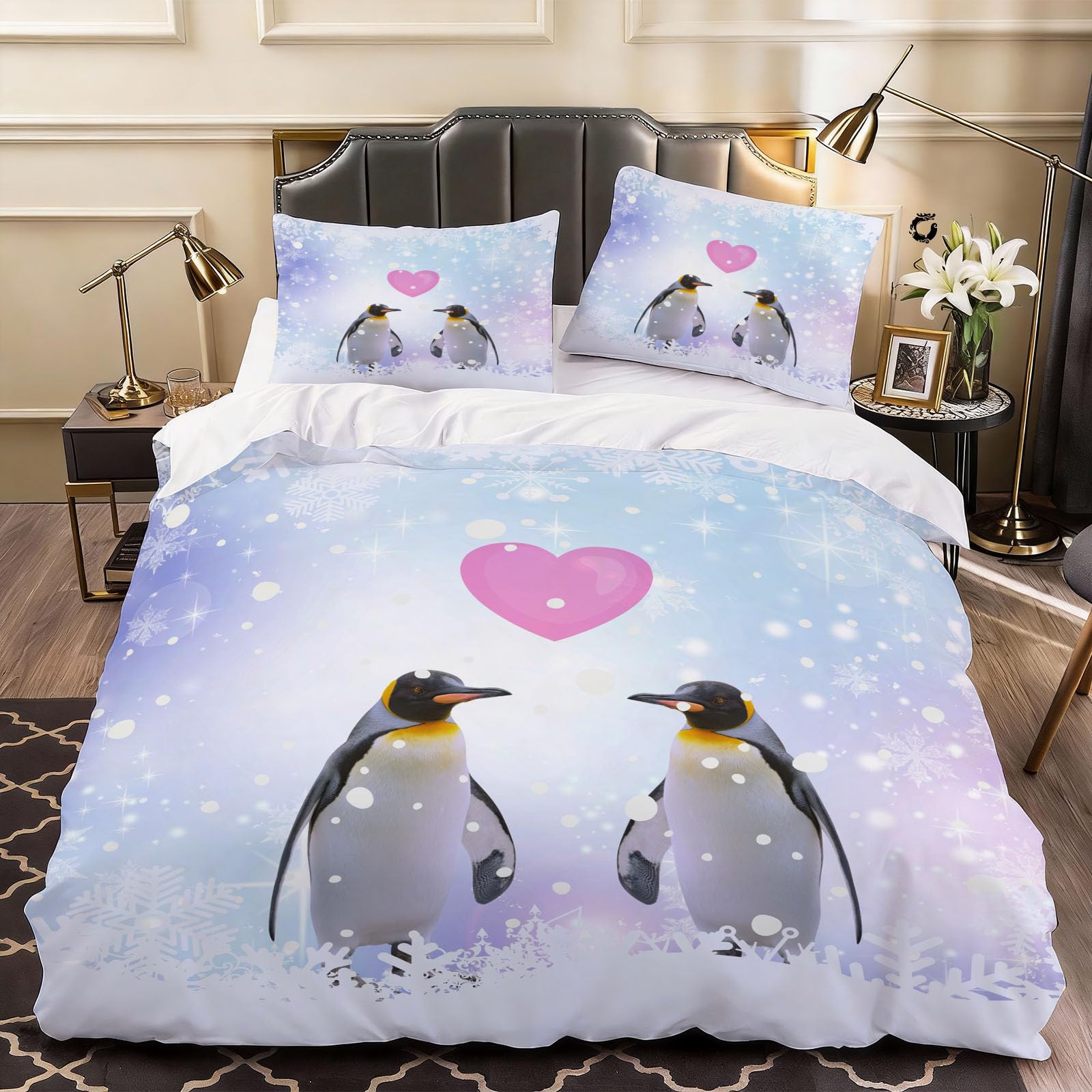 3D Penguins Duvet Cover Love Pattern Romantic Bedding Double Bed Set, Soft Microfiber Comforter Cover Printed with Zipper Closure Quilt Coverr 200x200 cm and 2 Pillowcases
