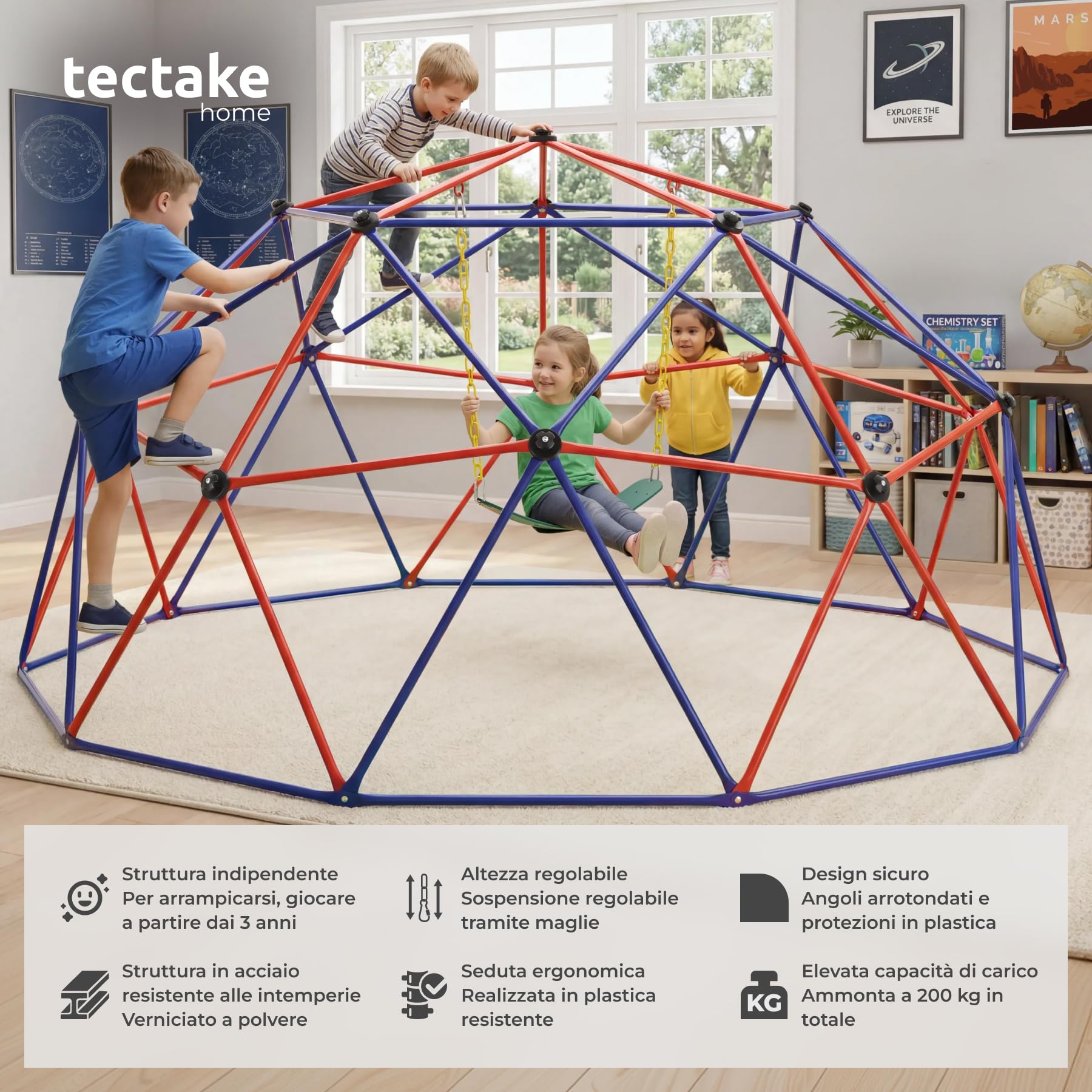 tectake® Cupola di Arrampicata Outdoor e Altalena ØxH 305x158 cm, Giochi da Giardino in Acciaio con Altalena, Giochi da Esterno e Interno Arrampicata per Bambini, Portata 200 kg, Giochi 3 Anni in su