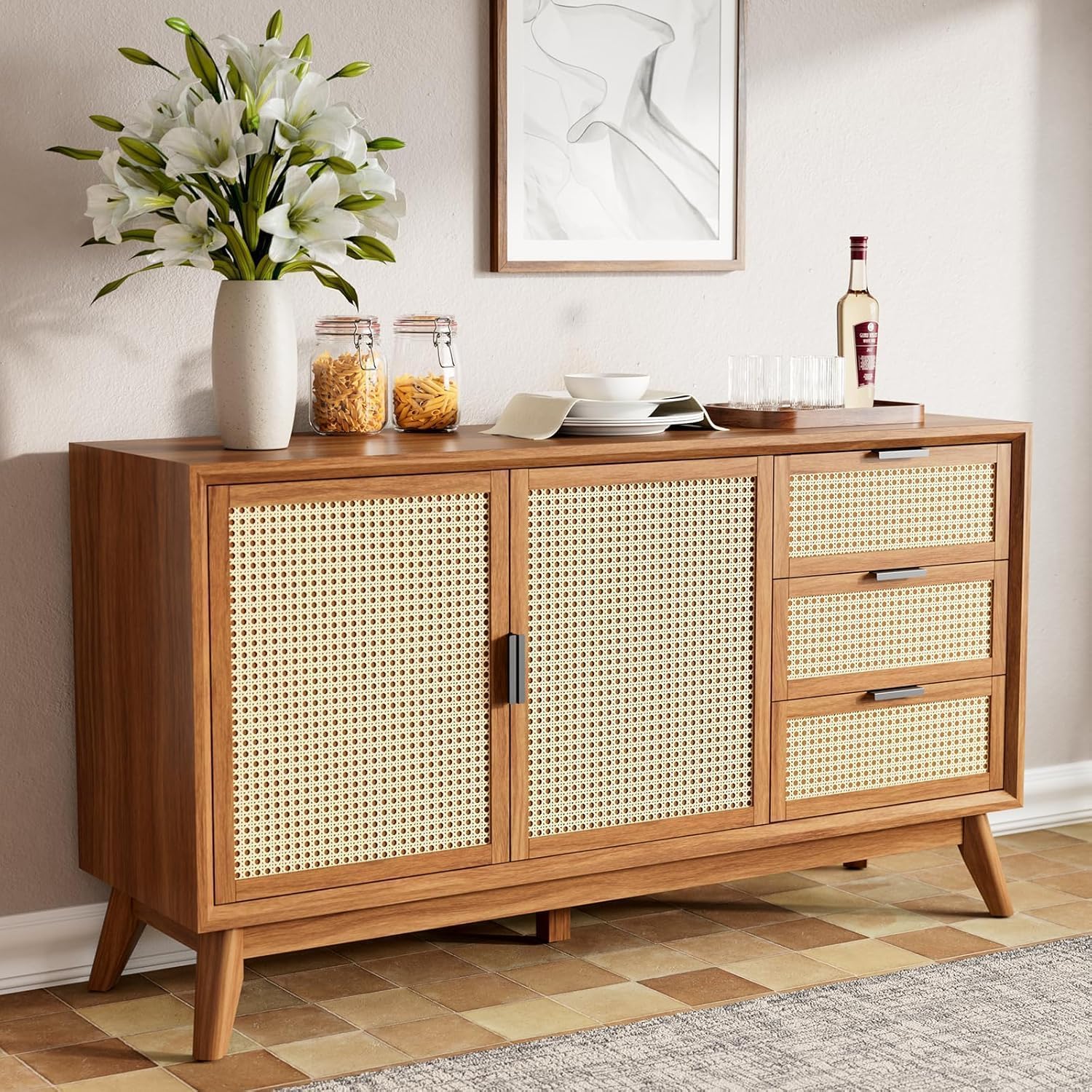 Solid Wood Sideboard Cabinet with Cane Doors & Drawers | Modern Storage Cabinet for Living Room, Dining Room & Entryway (Natural Finish)-image-29
