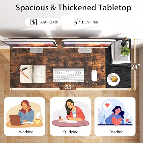 Miniatura 5 de Giantex Escritorio para computadora con cajones, escritorio de oficina en casa de 55 pulgadas con estante de almacenamiento de 2 niveles, gancho