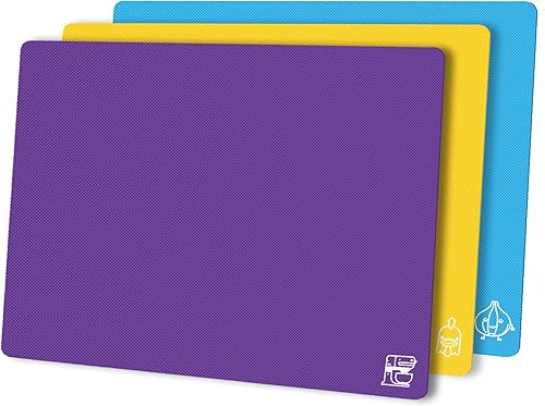 ZVP Juego de 3 tablas de cortar de plástico flexibles para cocina, tablas de cortar con icono de comida, alfombrillas de corte antideslizantes para