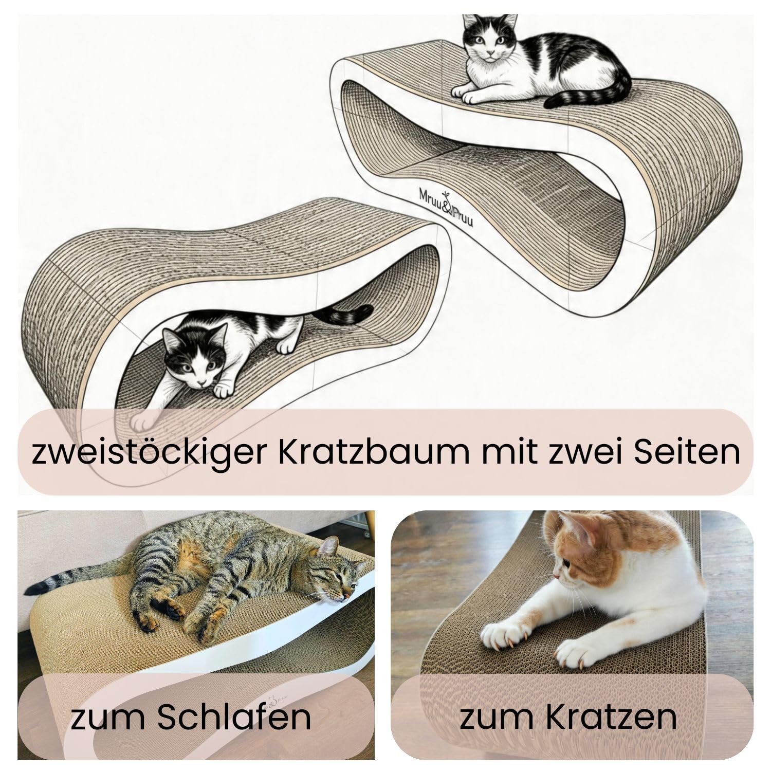 Mruu&Pruu Kratzpappe für Katzen, kratzbrett, kratzpappe für Katzen groß XXL | Beidseitiges kratzbrett, Katzenliege bis 45 kg, Handmade in EU