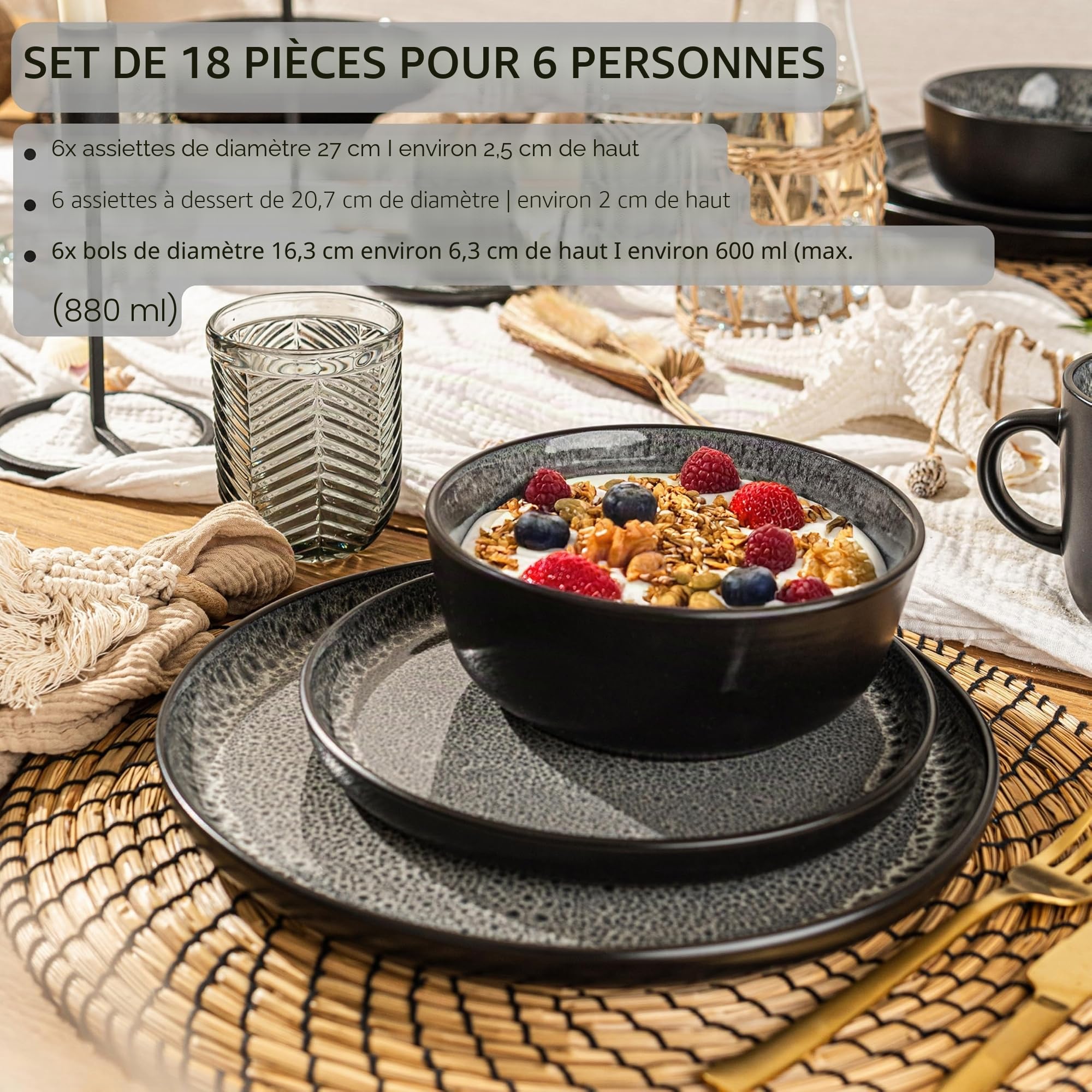 SÄNGER Sydney Vaisselle en faïence 18 pièces, pour 6 personnes, 6 assiettes plates, 6 bols à céréales, 6 assiettes à dessert, service de table gris foncé résistant aux rayures, VALUE COLLECTION