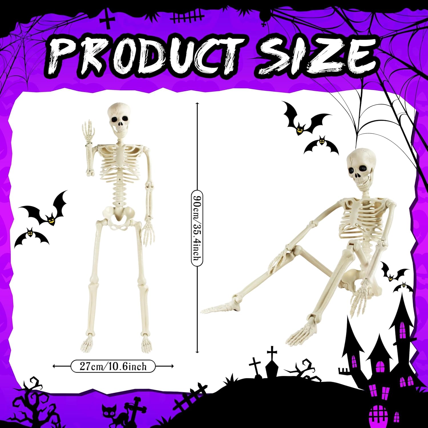 2 Pack 36" Halloween Skeleton, Full Body Posable Joints Poseable Plastic Skeletons Props for Halloween Party Spooky Decoration Yard Lawn Garden Patio Decor