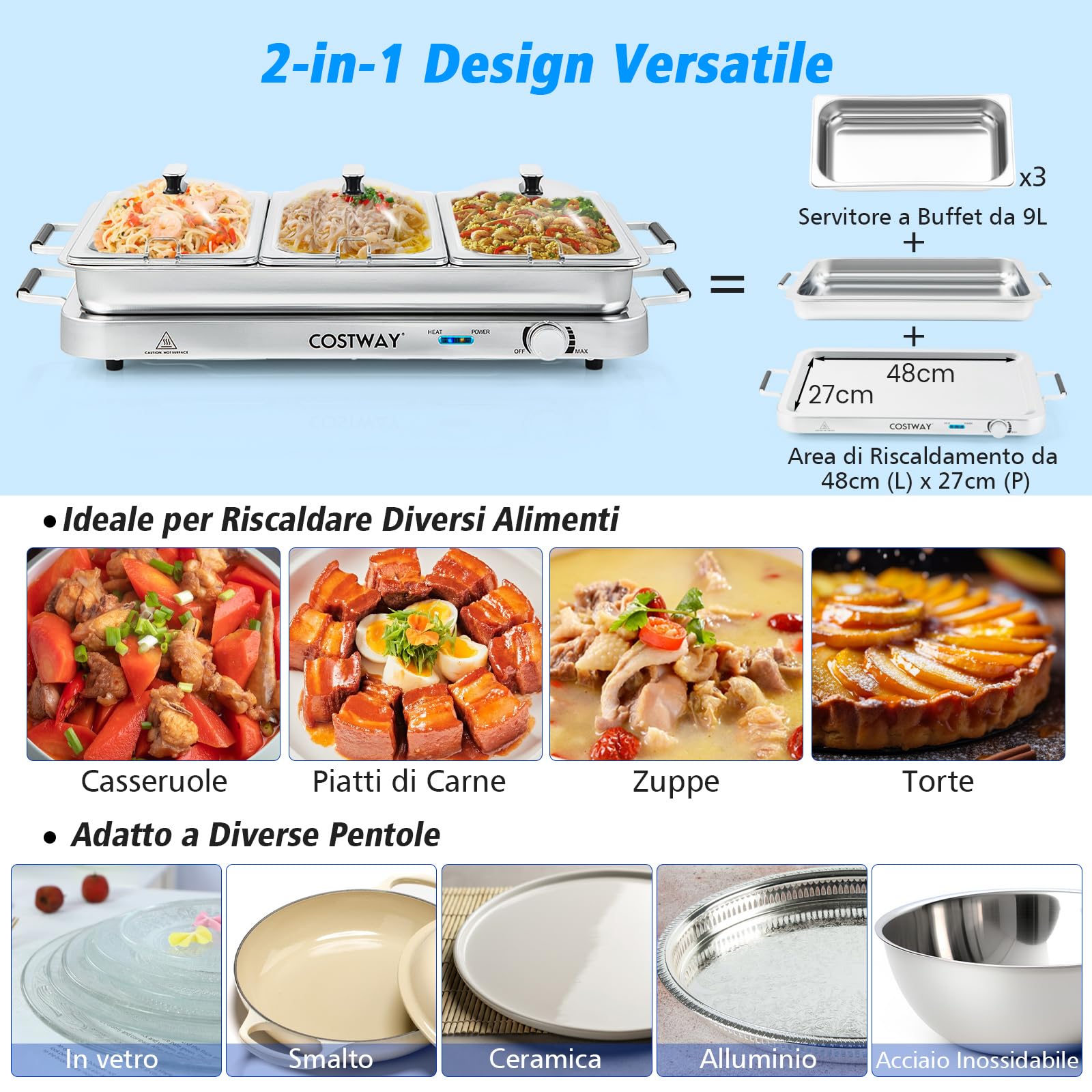 COSTWAY 9 L Scaldavivande Elettrico Portatile, 2 in 1 Vassoio Riscaldante Elettrico con Controllo della Temperatura, Scalda Vivande in Acciaio da 450W con 3 Vassoi, per Buffet Feste
