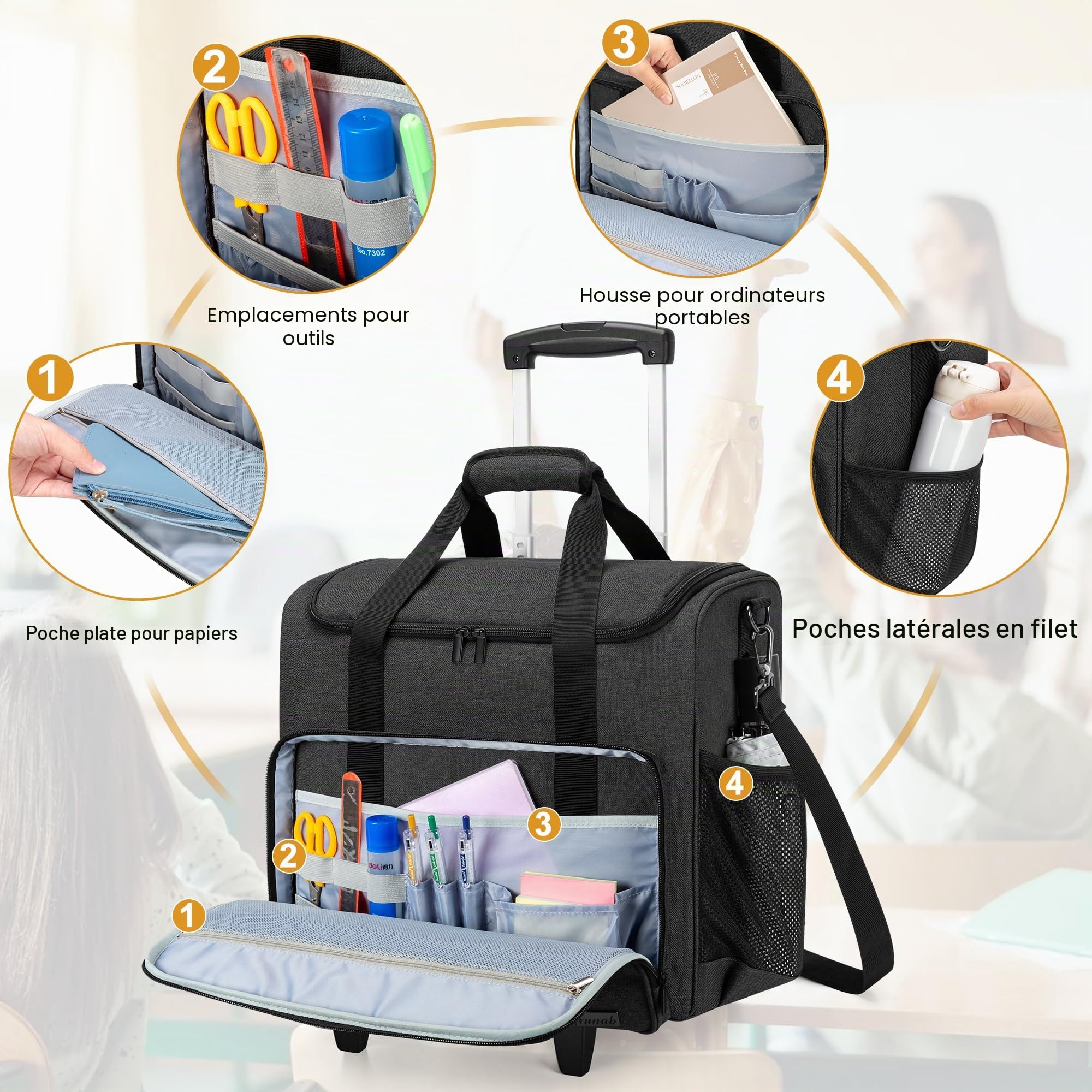 Trunab Sac à roulettes pour Enseignant avec Fond Rembourré et Chariot Amovible, Sac pour Enseignants avec Poches Rembourrées pour Garder Ordinateur Portable de 15,6"