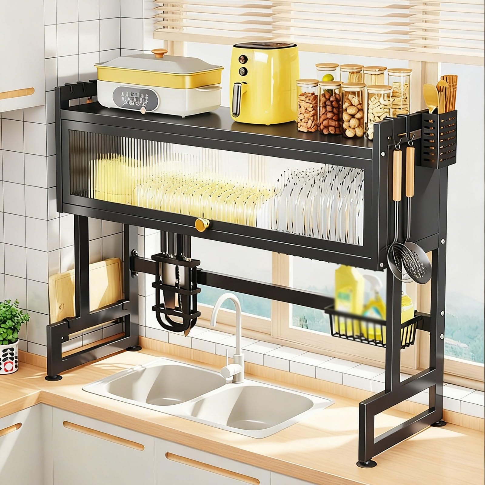 Escurridor de platos para colocar sobre el fregadero, estante grande de organización para encimera de cocina con cubierta y soportes de almacenamiento para platos, vasos, cuencos, cubiertos