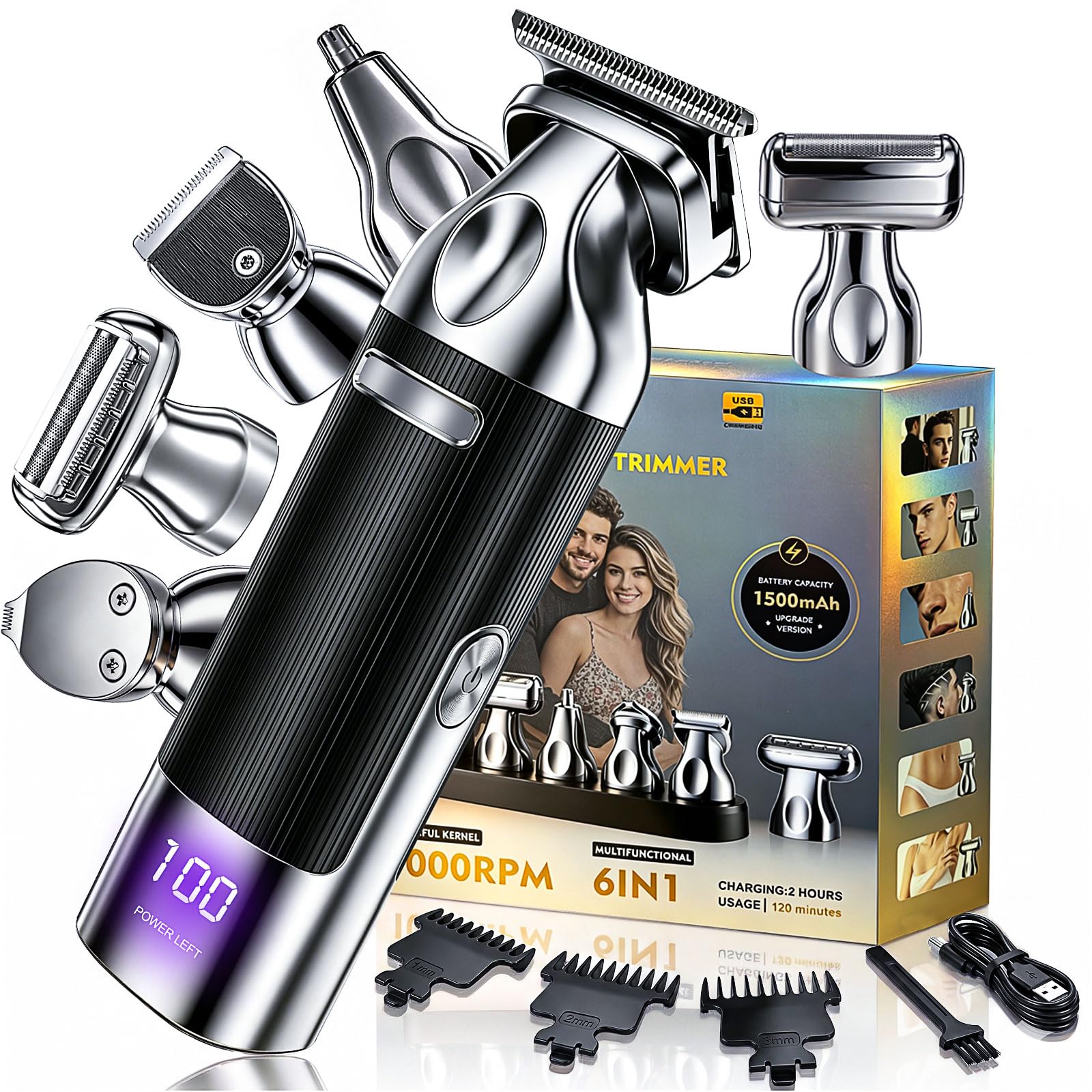 6-in-1 Rechargeable Beard Trimmer Grooming Kit for Men with LED Display