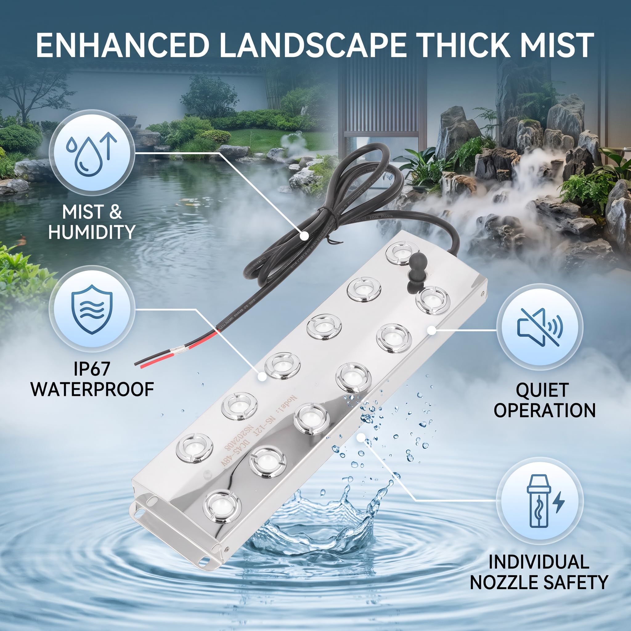 Alomejor Generador de Niebla Ultrasónico Silencioso, 12 Cabezales para Jardines Estéticos, Nebulizador de Paisaje IP67 DC45-48V