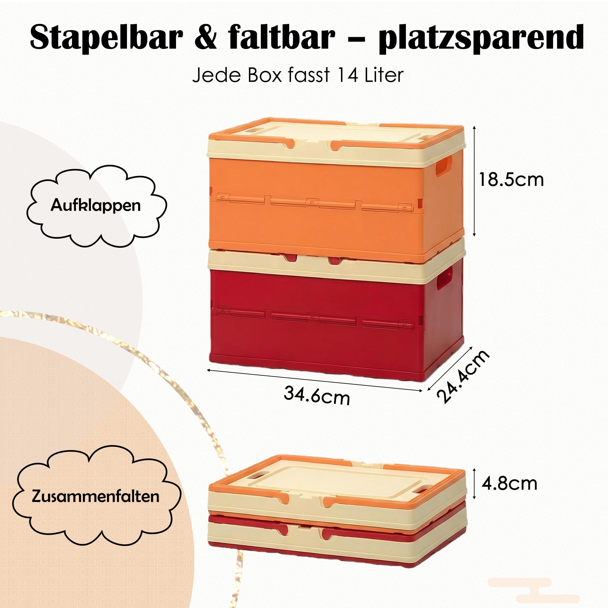 Aufbewahrungsbox Kinder, Spielzeugkiste mit Deckel, Klappbox 34,6 x 24,4 x 18,5 cm -Stabiler Aufbewahrungskiste Set aus Kunststoff mit Griff, Faltbare Aufbewahrungsbox für Spielzeug, Büro