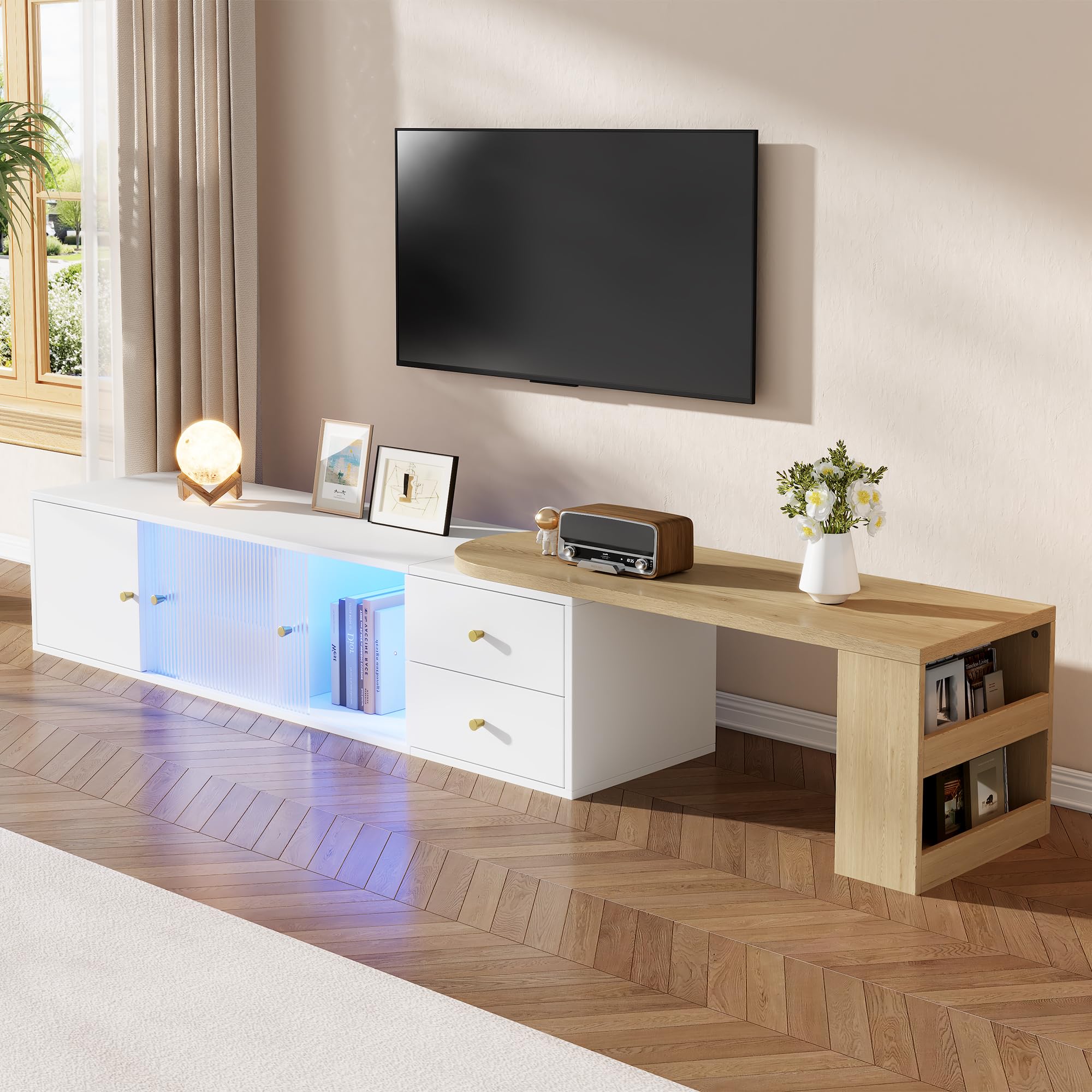 Mobile TV estensibile, 175 cm, con LED e vano portaoggetti, mobile basso per TV