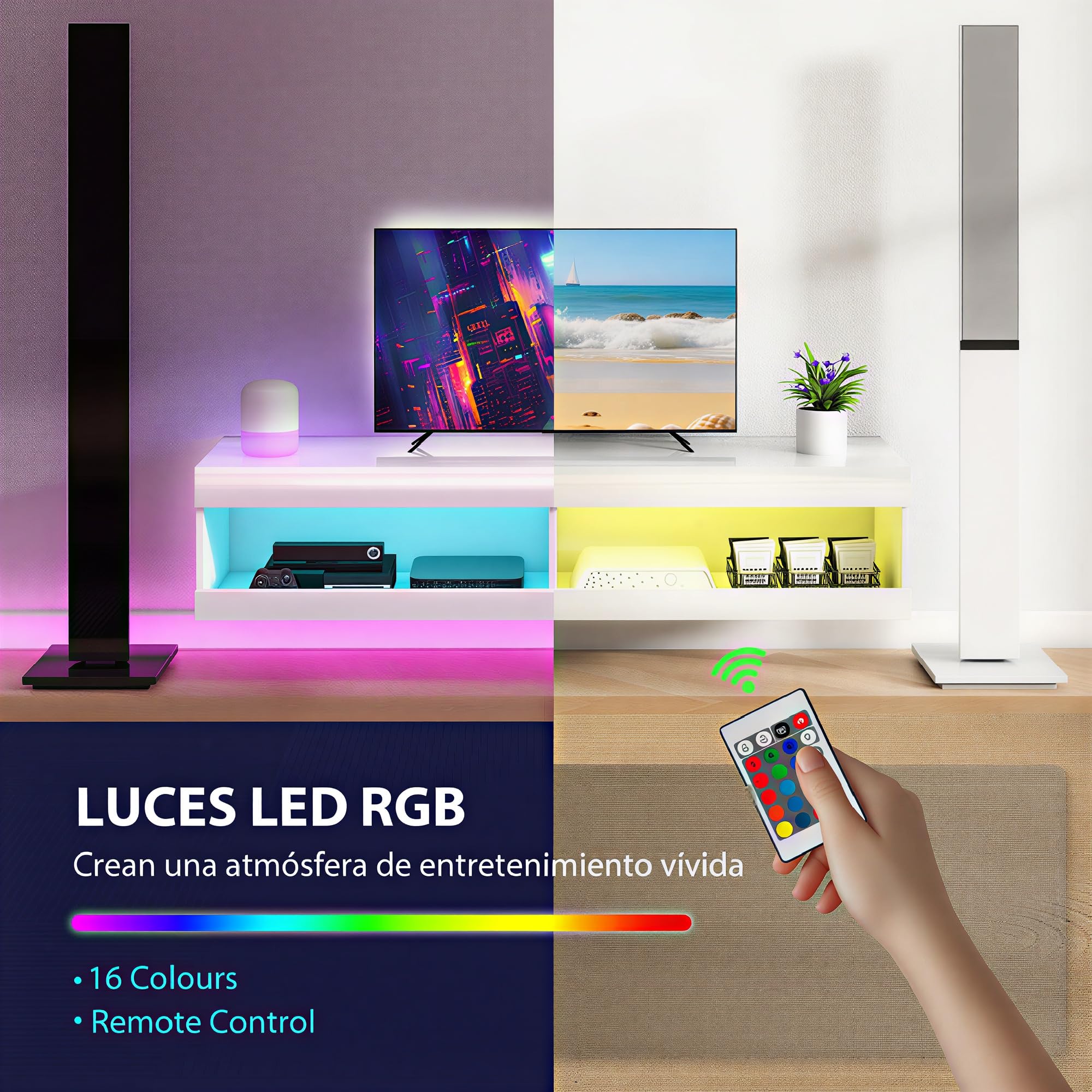 HOMCOM Mueble de TV Suspendido con Luces LED, Compartimentos y Orificios Pasacables, Mueble de TV para Salón con Control Remoto para Televisión 55-60 Pulgadas, 140x40x30 cm, Blanco Brillo