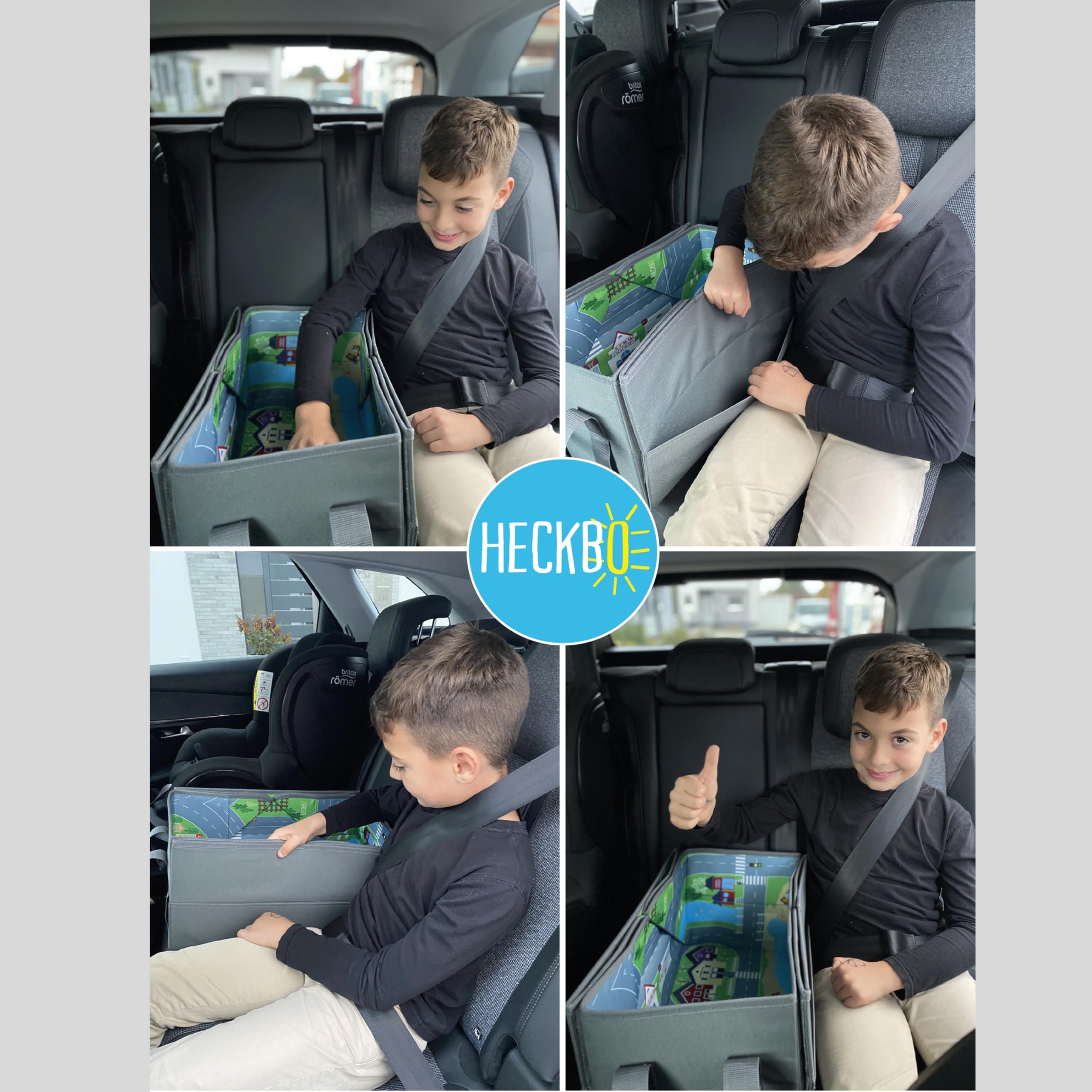 HECKBO Organisateur de voiture et tapis de jeu 4 en 1 - Boîte de rangement de jouets pour enfants - Tapis de jeu pliable avec motif de rue - Fixation sûre dans la voiture, 91cm x 72cm