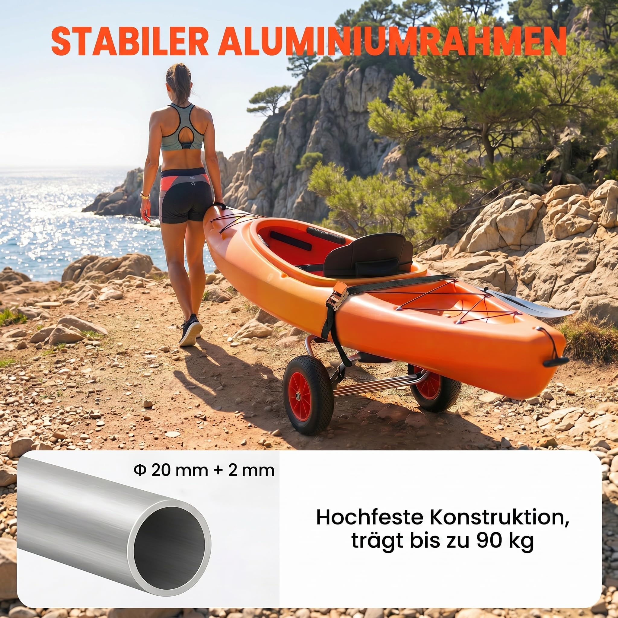 HOMCOM Kanuwagen klappbar bis 90 kg Alu Transportwagen Kajakwagen Bootswagen mit Gurt Räder gepolstert Surfwagen Kanuwagen Bootstrailer Trolley für Surfbrett Board Schlauchboot