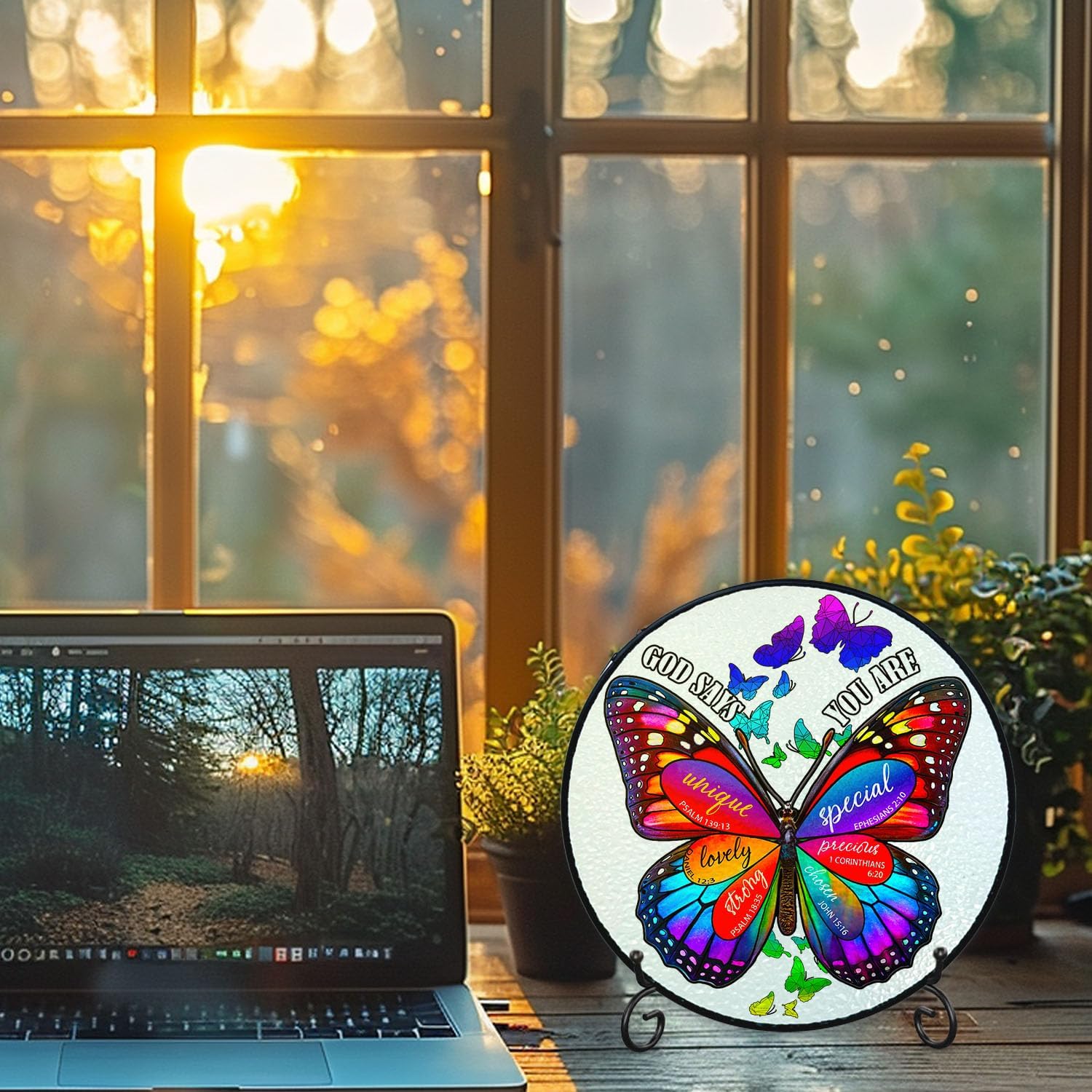 Butterfly Stained Glass Window Hanging Suncatcher, Christian Suncatchers for Windows Hanging, Indoor Outdoor Garden Wall Art with Metal Chain and Hooks, Gifts for New Home - Image 5