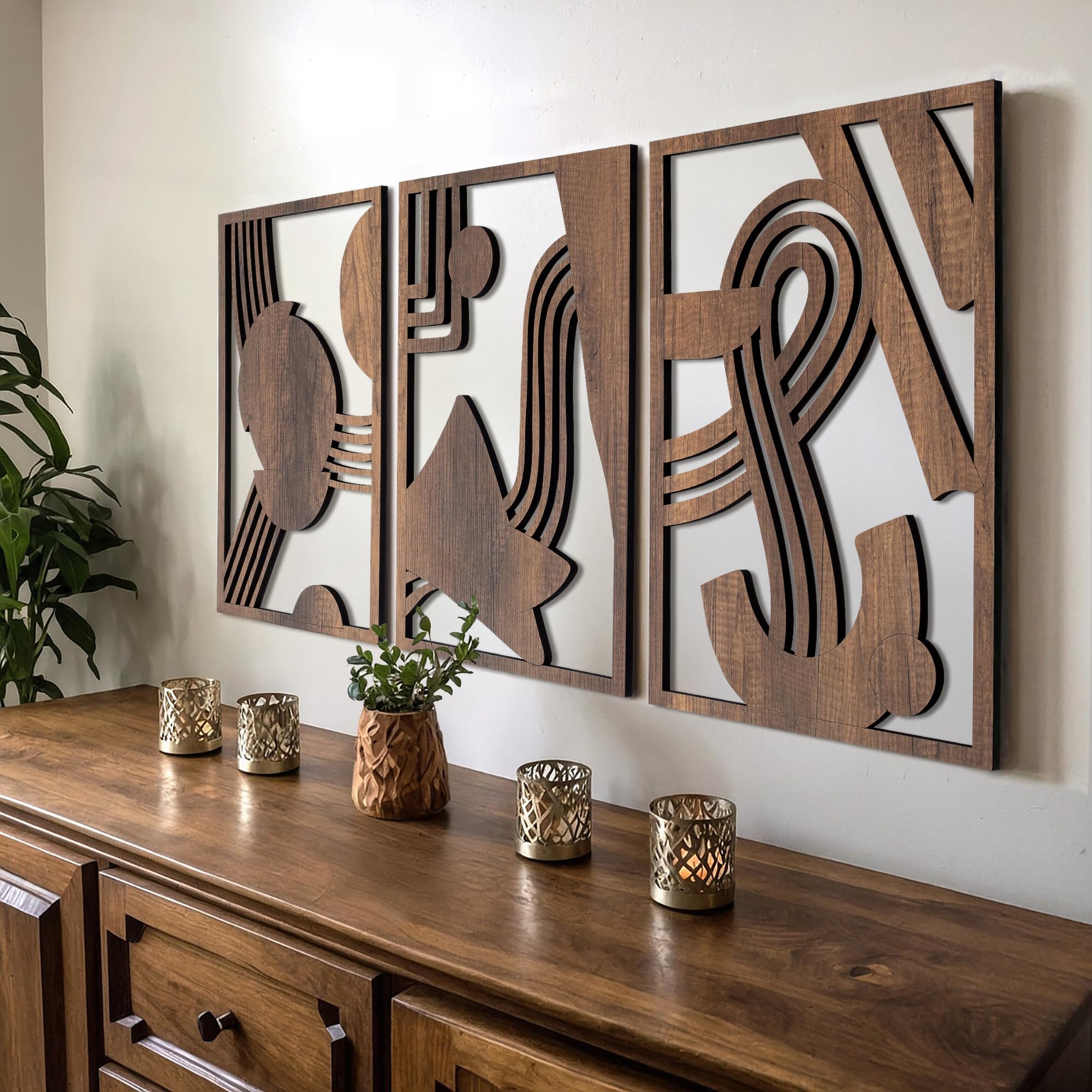 qmmp Esculturas modernas de madera para pared, juego de 3, tablero DM, roble, decoración del hogar, arte de pared grande para sala de estar, dormitorio, oficina, fácil instalación (nogal, grande