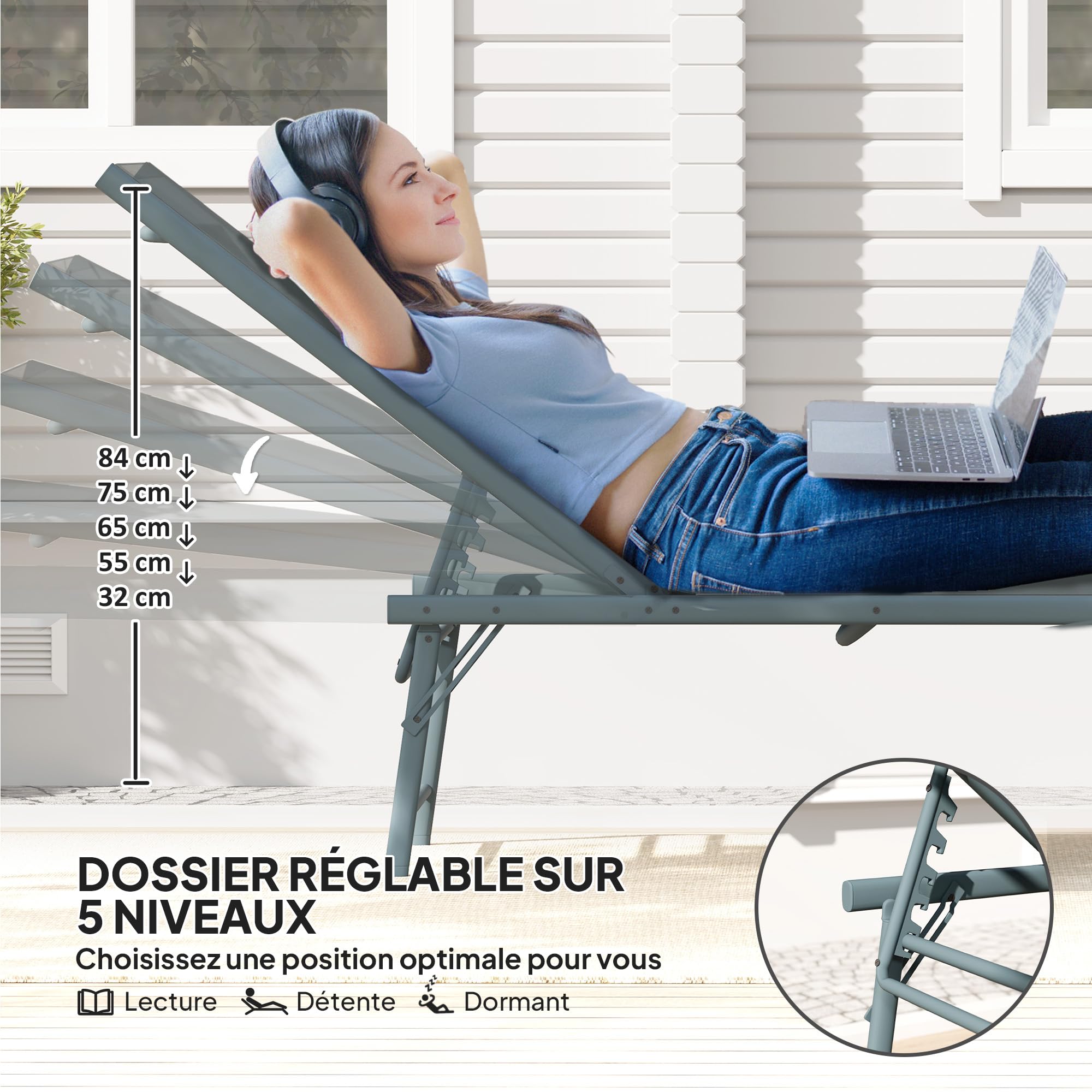 Outsunny Lot de 2 Bain de Soleil Pliants Textilène 90x65x112cm Gris Clair | Chaise Longue avec Appuie-Tête, Transat Jardin Extérieur Inclinable, Plage Camping Piscine Terrasse