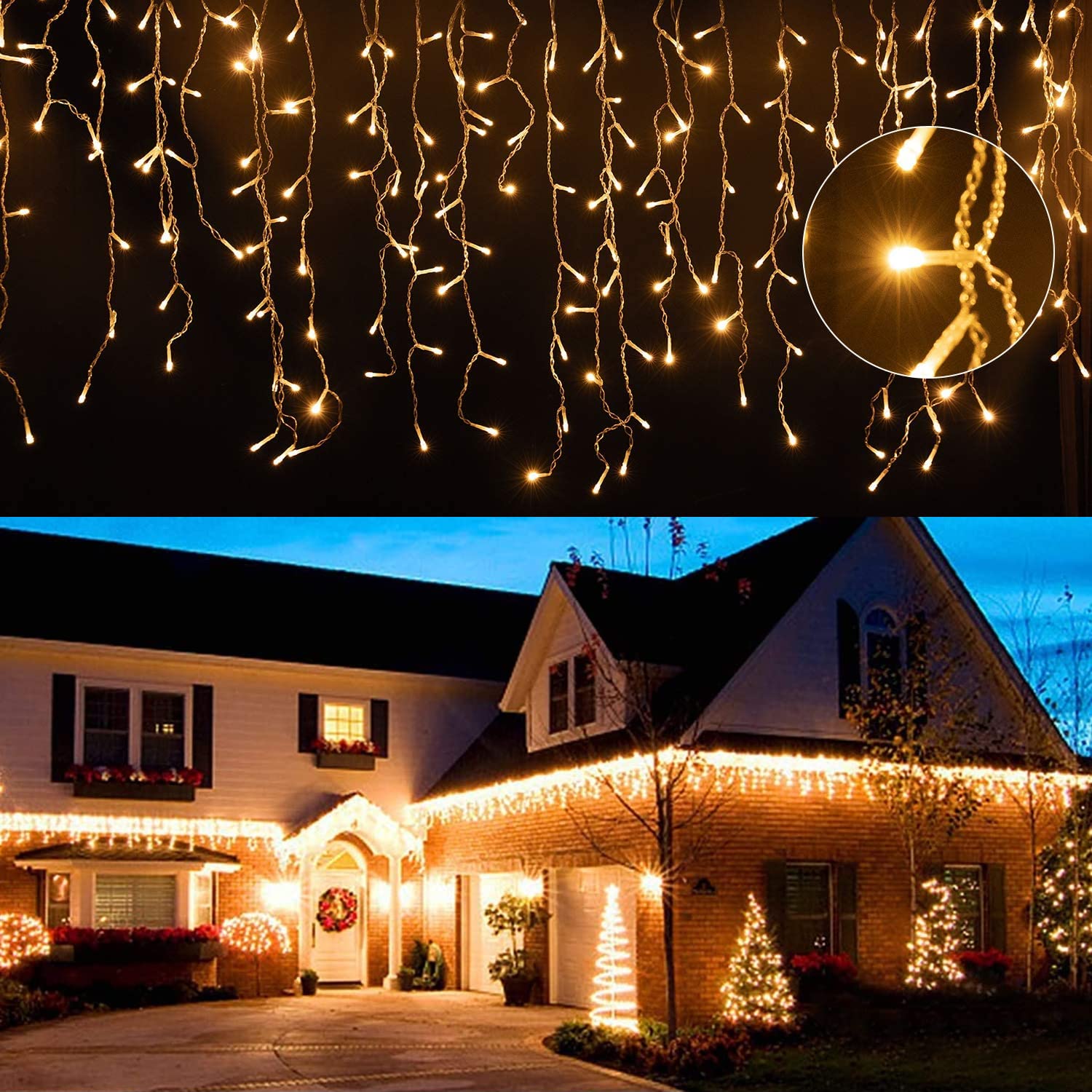 Ikodm Eisregen Lichterkette Außen 400 LED 10m, LED Lichtervorhang mit 8 Beleuchtungsmodi, IP44 wasserdicht für Innenausstattung Außenbereich Schlafzimmer Hochzeit Weihnachten Party, Warmweiß