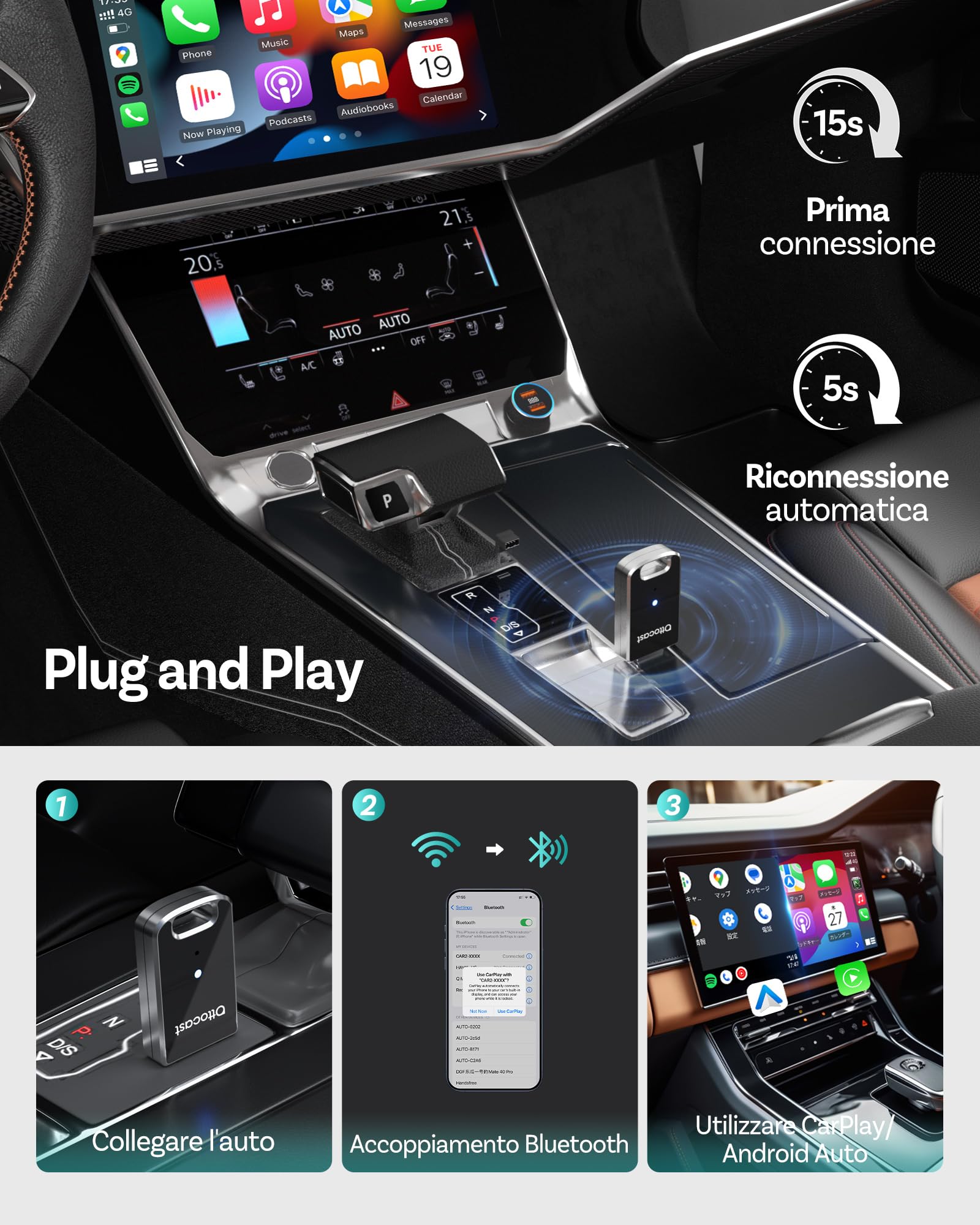OTTOCAST Mini Adattatore Carplay Wireless, Ultima Versione 2026, 2 in 1 Converte CarPlay/Android Auto da cablato a wireless, Plug-&-Play, design compatto in metallo, riconnessione automatica