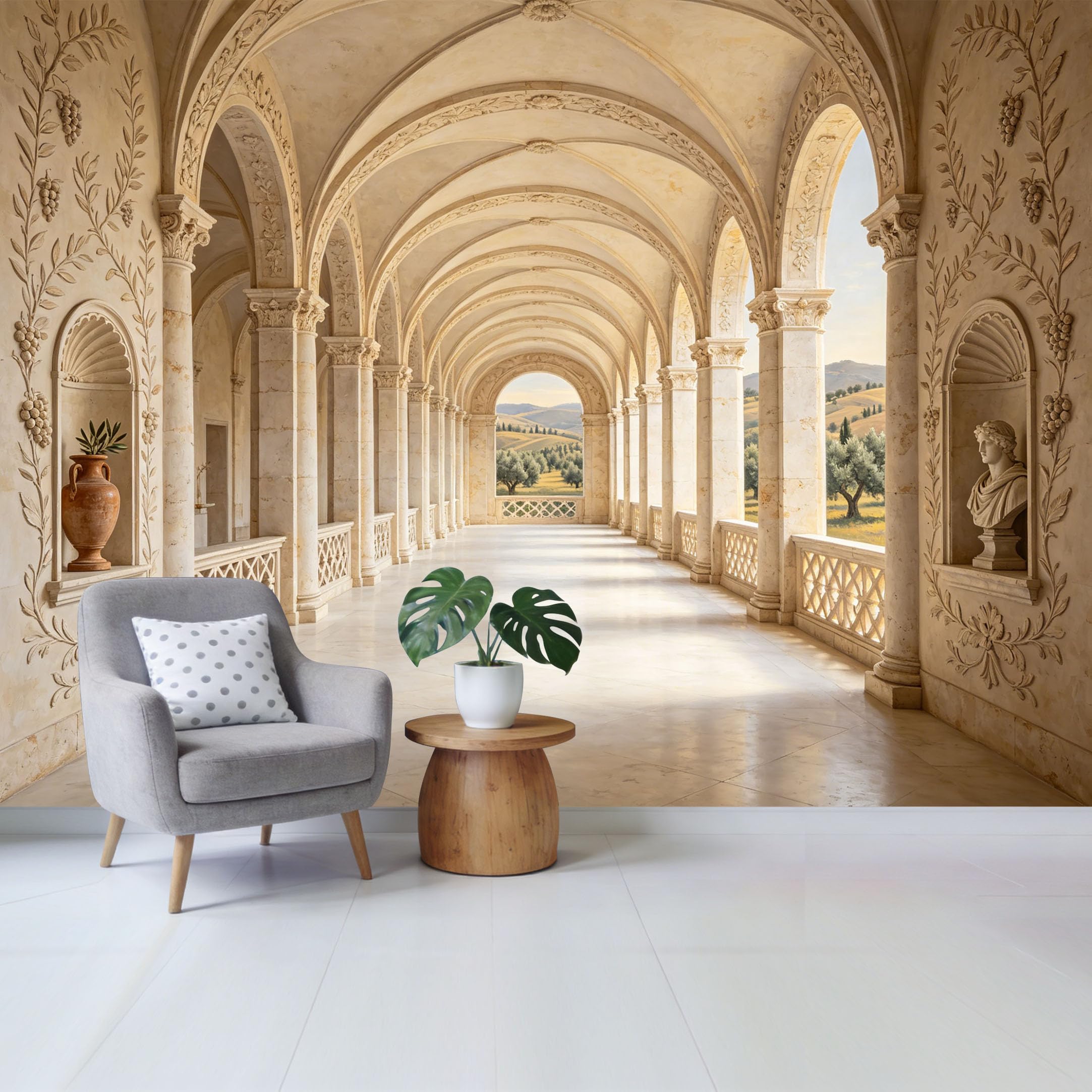 Removable Self Adhesive Fabric Mural， Neoclassical Roman Archway Landscape Custom Size Wall Covering， UV Protected Waterproof Washable Wall Decor for Living Room Bedroom Bathroom