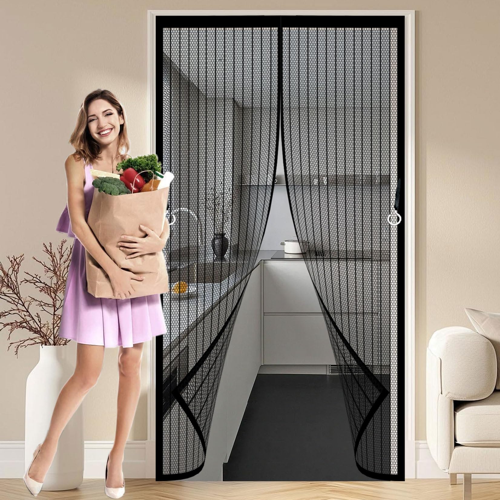 Magnet Fliegengitter Balkontür 122 x 240 cm Extra Starke Magnete Magnet-Verschluss Insektenschutzgitter mit Selbstklebendes Klettband für Kellertür Und Terrassentür, Schwarz