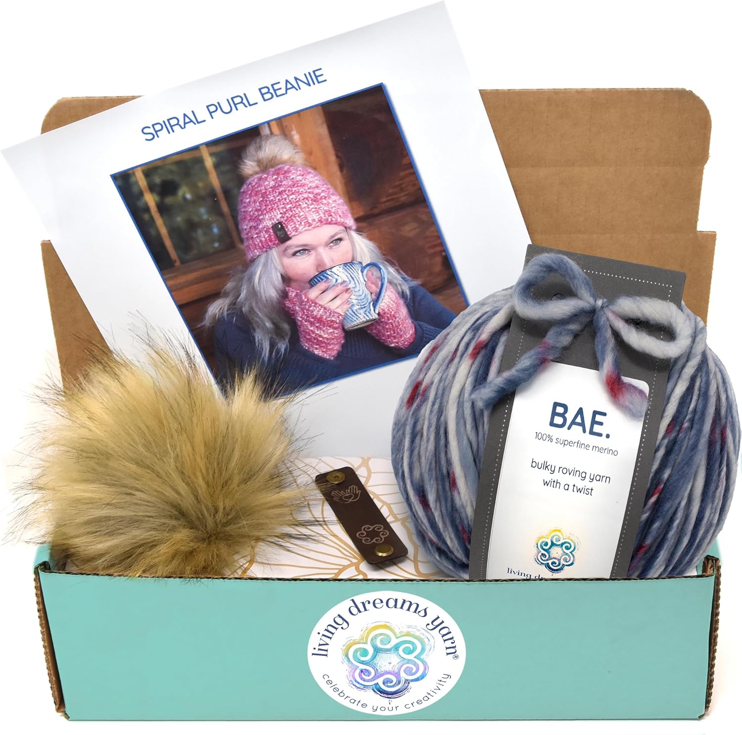 Beanie Hat Knit Kit Includes Soft, Chunky Merino Wool Yarn, Printed Pattern, Pom-Pom, Rim Tag. Easy and Fashionable - Great for Gifts. Color: Domestic Bliss
