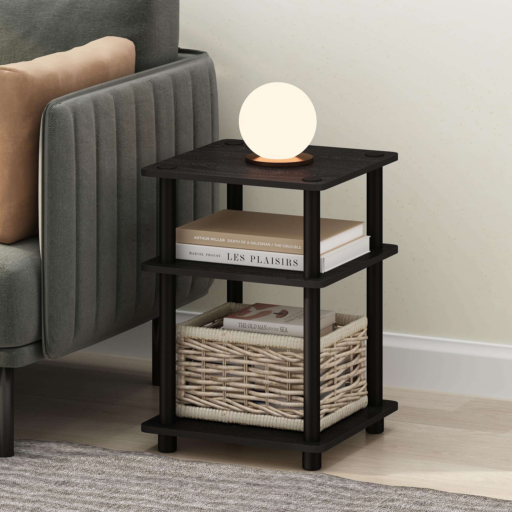 Furinno Turn-N-Tube 3-Tier Side Table with Open Shelf Bedside Table Easy Assembly for Living Room Bedroom Dark Wood