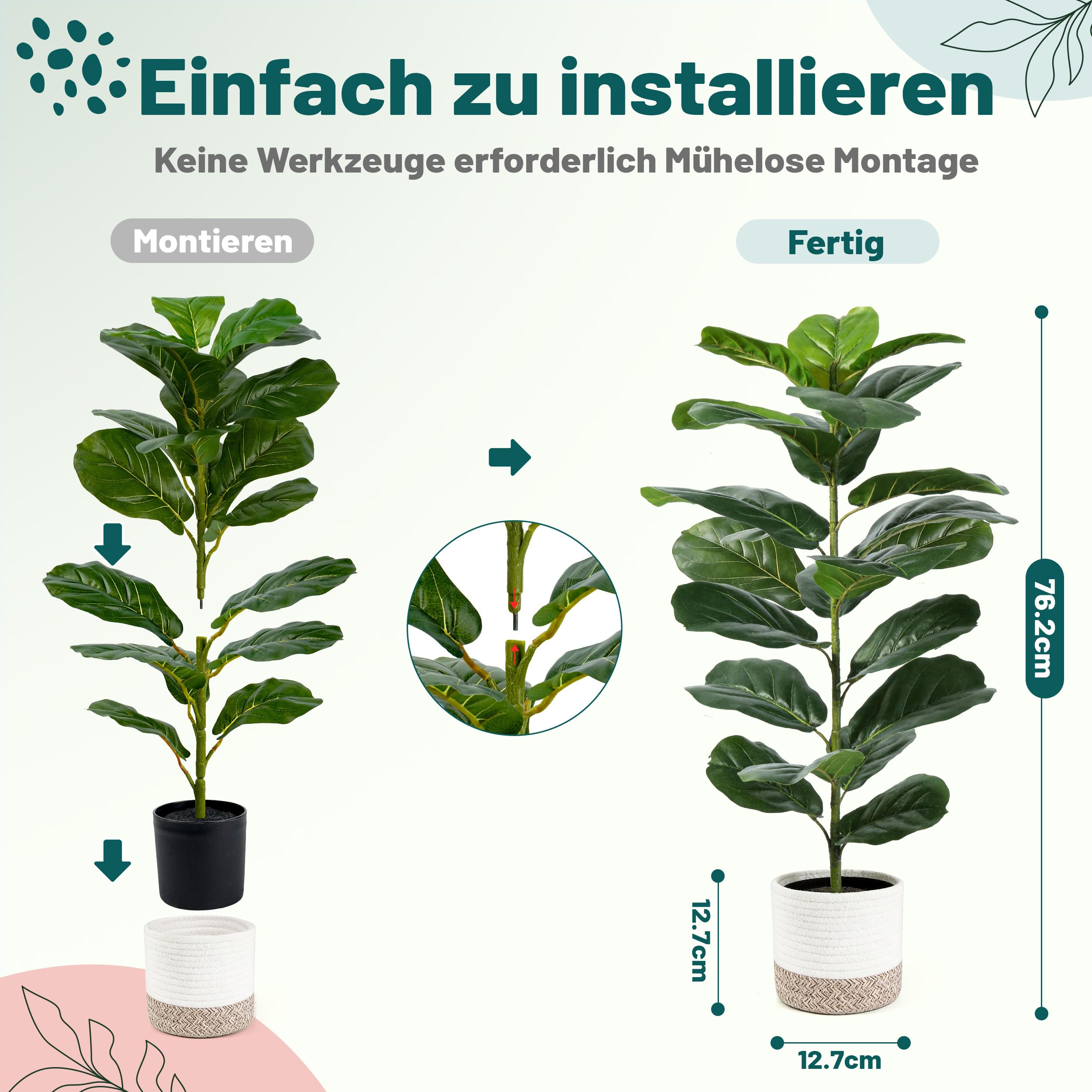 Der Rose 2 Stück Ficus Lyrata Kunstpflanzen 75cm für Schlafzimmer Büro Deko