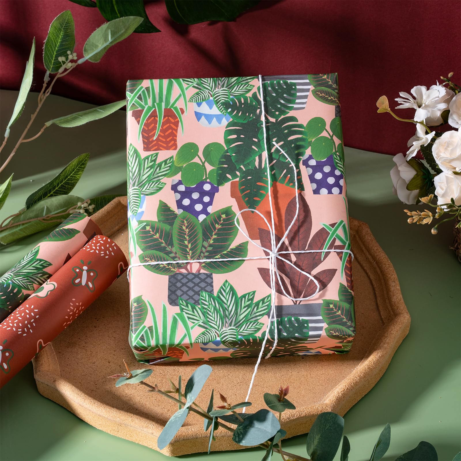 RUSPEPA Wrapping Paper 3-Roll Set - 17\" X 10\' Each, Plant, Flower & Dot Patterns