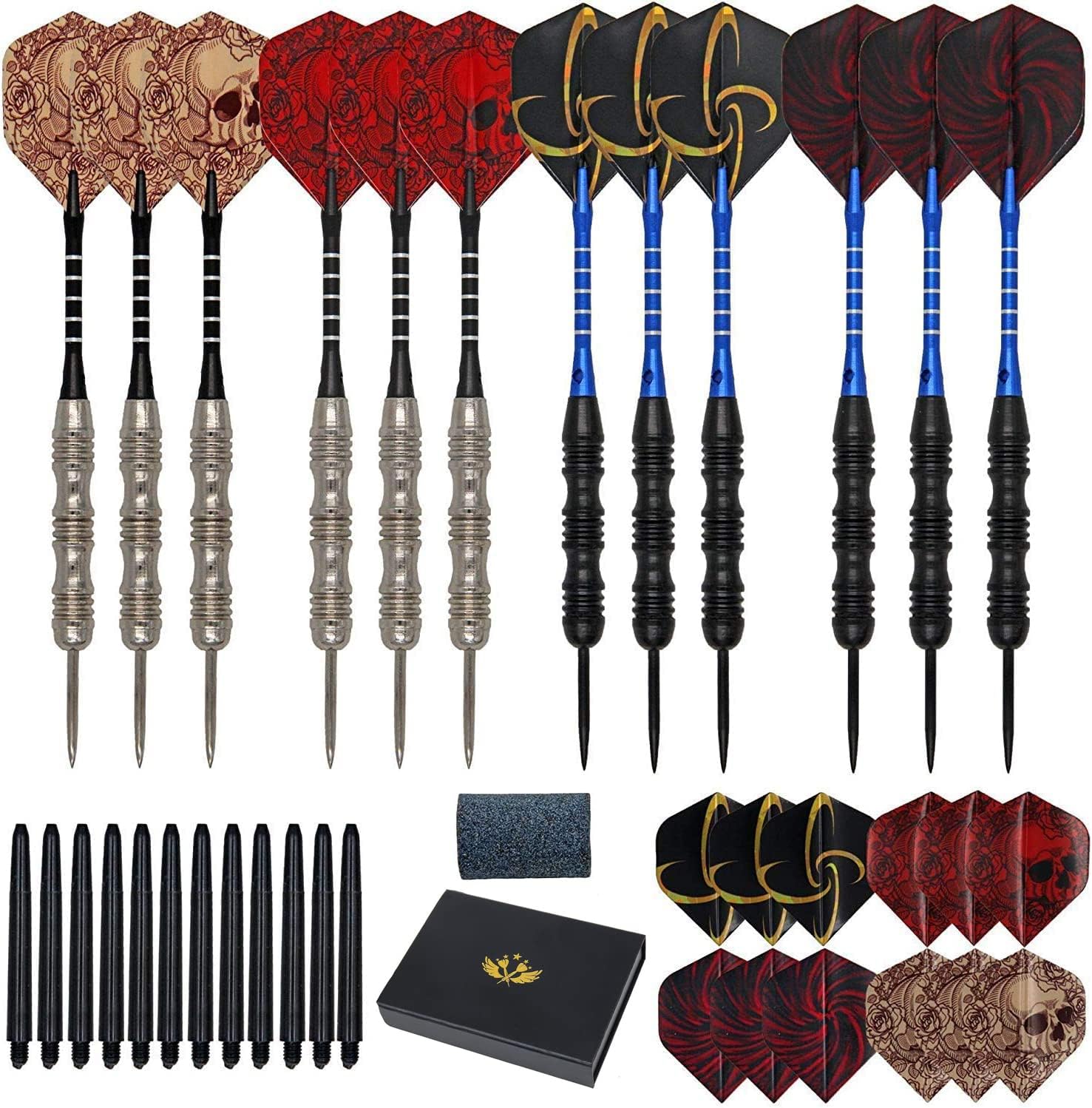 Beauenty 1 Set Darts Steel Tip Set Dartboard With Extra Shafts O-Rings Flights Dart Tool And Sharpener Gift Case