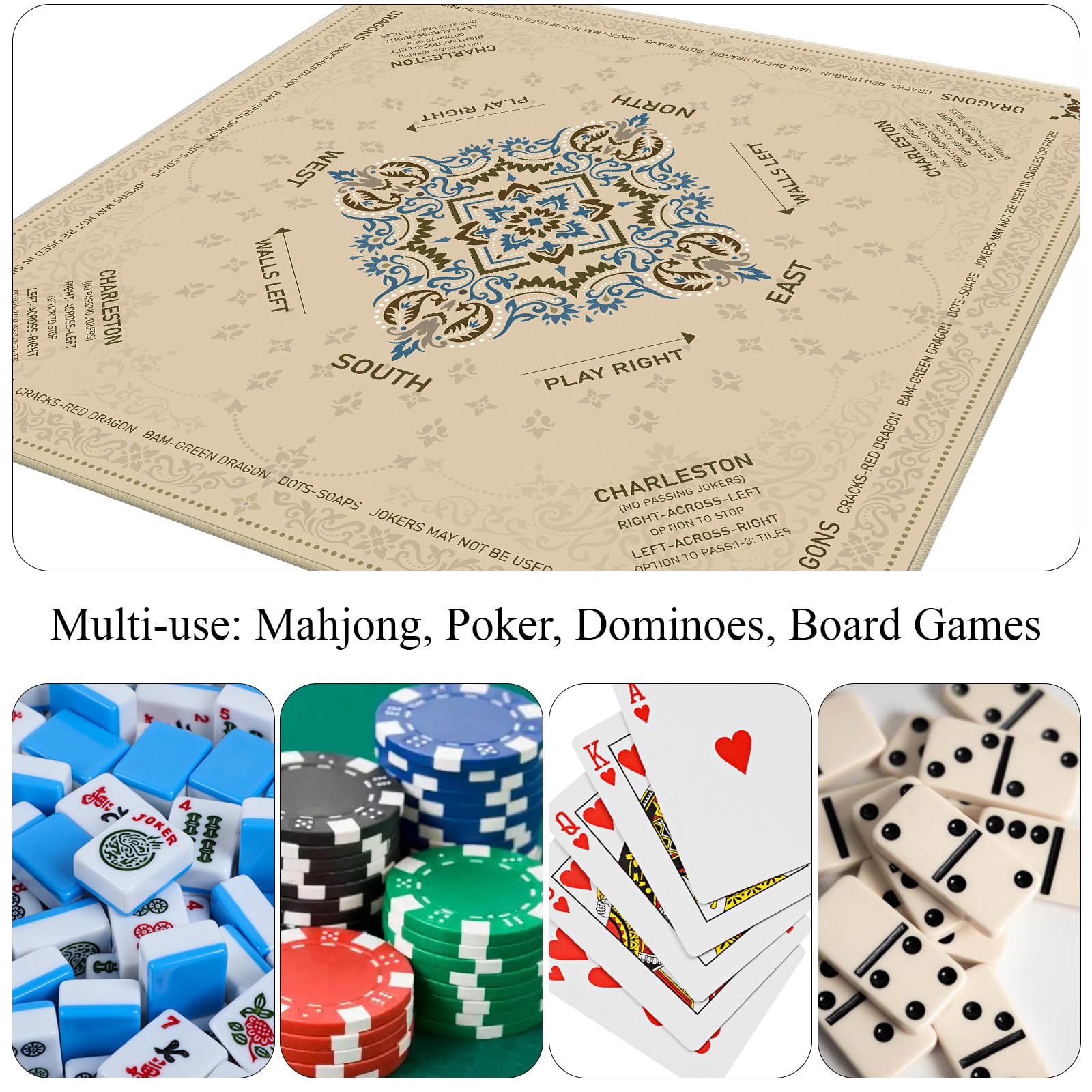 Tapis de Mahjong avec règles 82,5 x 82,1 cm, tapis de jeu antidérapant avec réduction du bruit avec sac de transport, housse de table pliable pour cartes de poker Mahjong, jeux de société