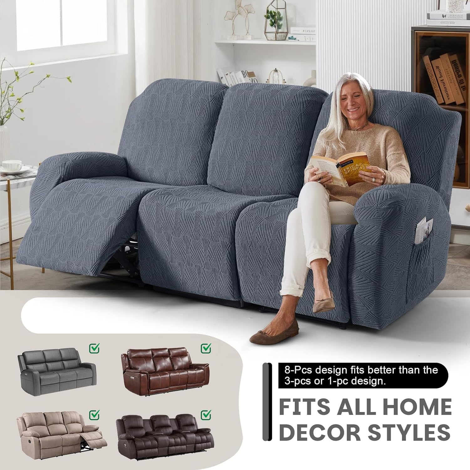 VANSOFY Recliner Couch Cover, 8-Pieces Stretch Recliner Sofa Cover Soft Jacquard Reclining Slipcover Furniture Protector with Elastic Bottom for Kid, Pets(3 Seat,Gray)