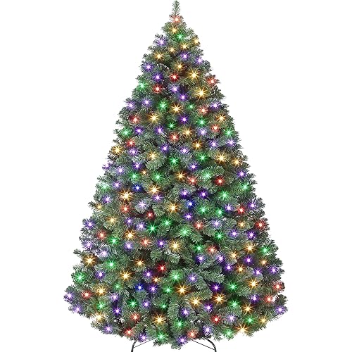 7.5ft Prelit Christmas Tree - Fluffy Fraser Fir with 600 Multicolor Lights & 9 Modes, Hinged Branches & 1300 Tips, Artificial Christmas Tree Includes Stand with Foot Switch for Holiday Home Decor