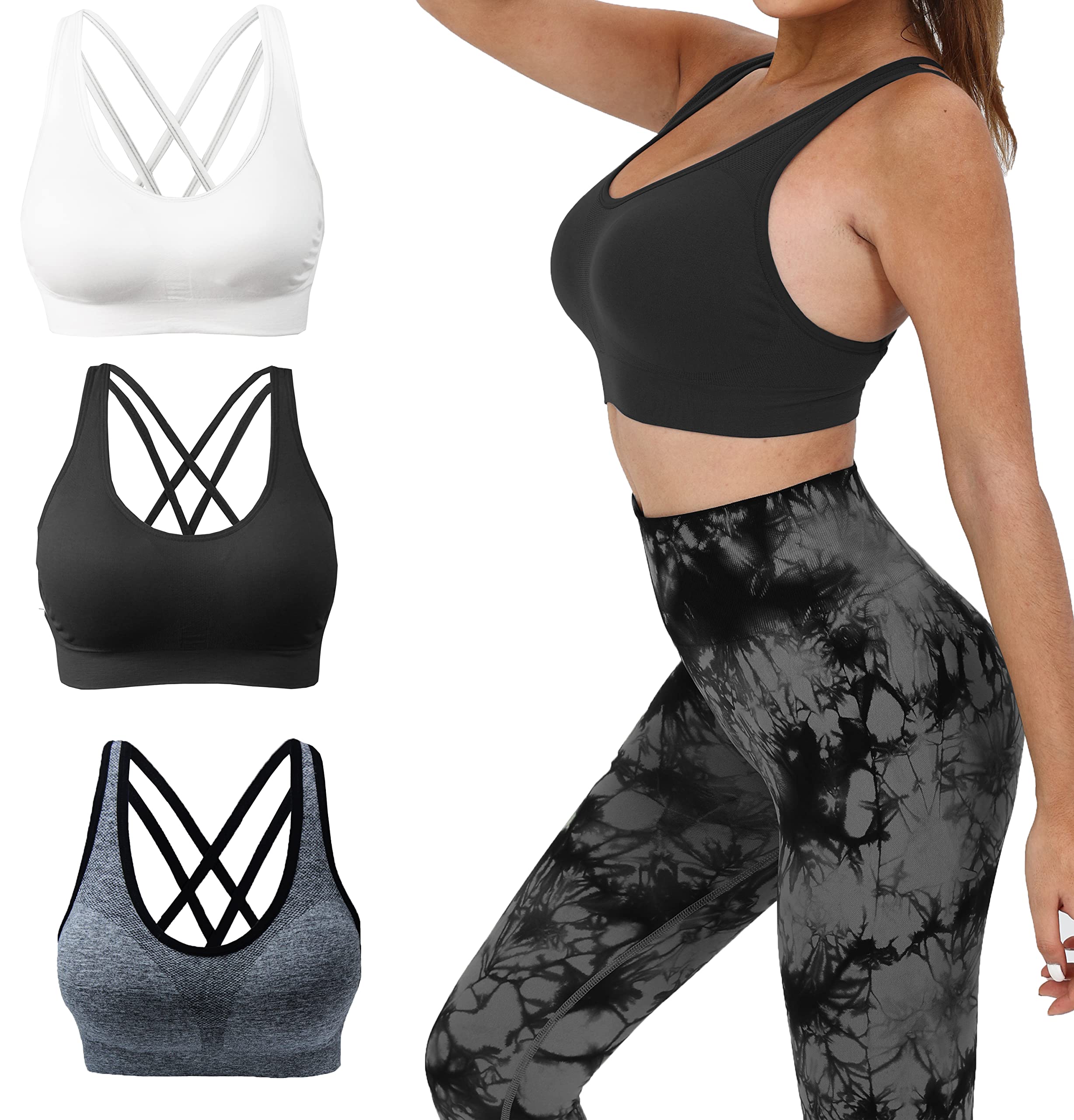 AKAMC Women's Removable Padded Sports Bras Medium Support Workout Yoga Bra 3 Pack