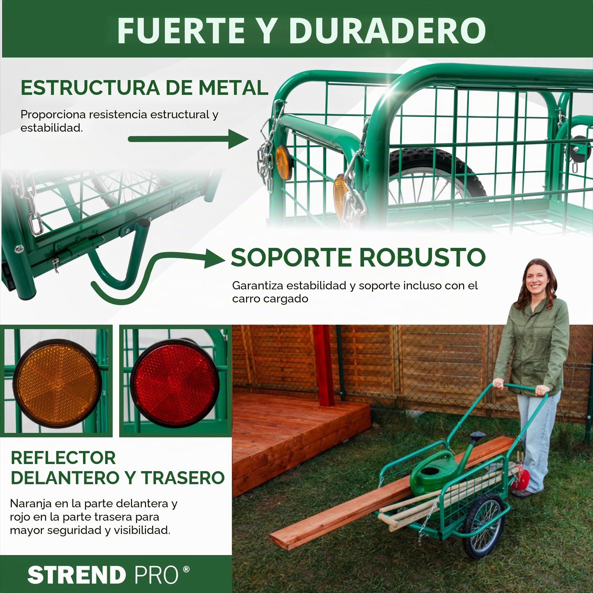 STREND PRO Victor - Carro de mano, metal, laterales plegables, hasta 100 kg, ruedas grandes, estructura de metal, carro de transporte para jardín y transporte, carro de madera, carrito de jardín