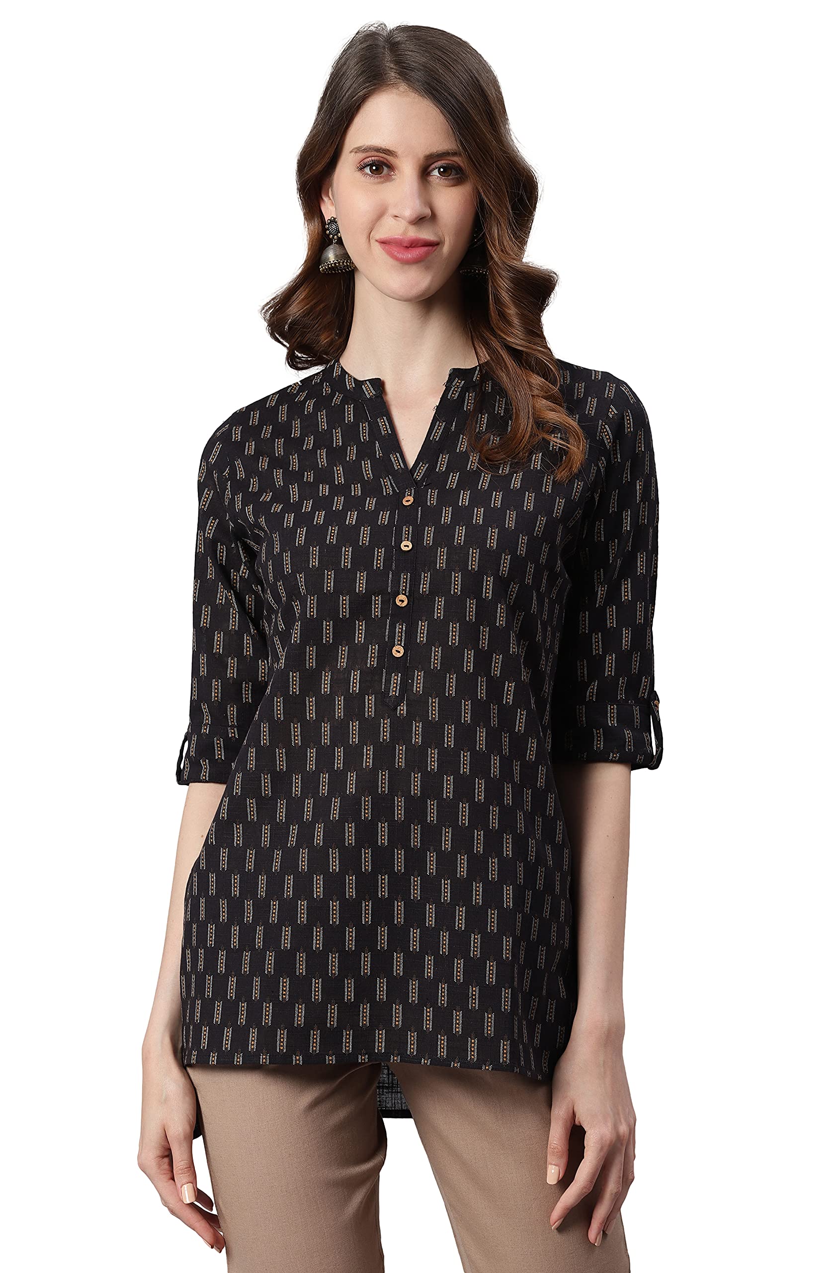JanasyaIndian Women's Black Cotton Slub Tunic for Women