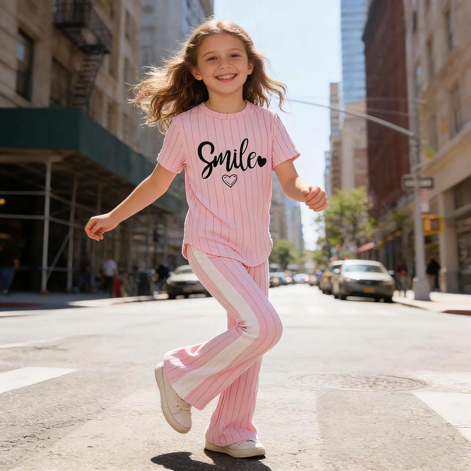 Girls 2PCS Outfits Short Sleeve Smile Tops & Flared Pants Summer Trendy Kids Clothes Teen Girls Clothing Set 8-13Y - Image 3