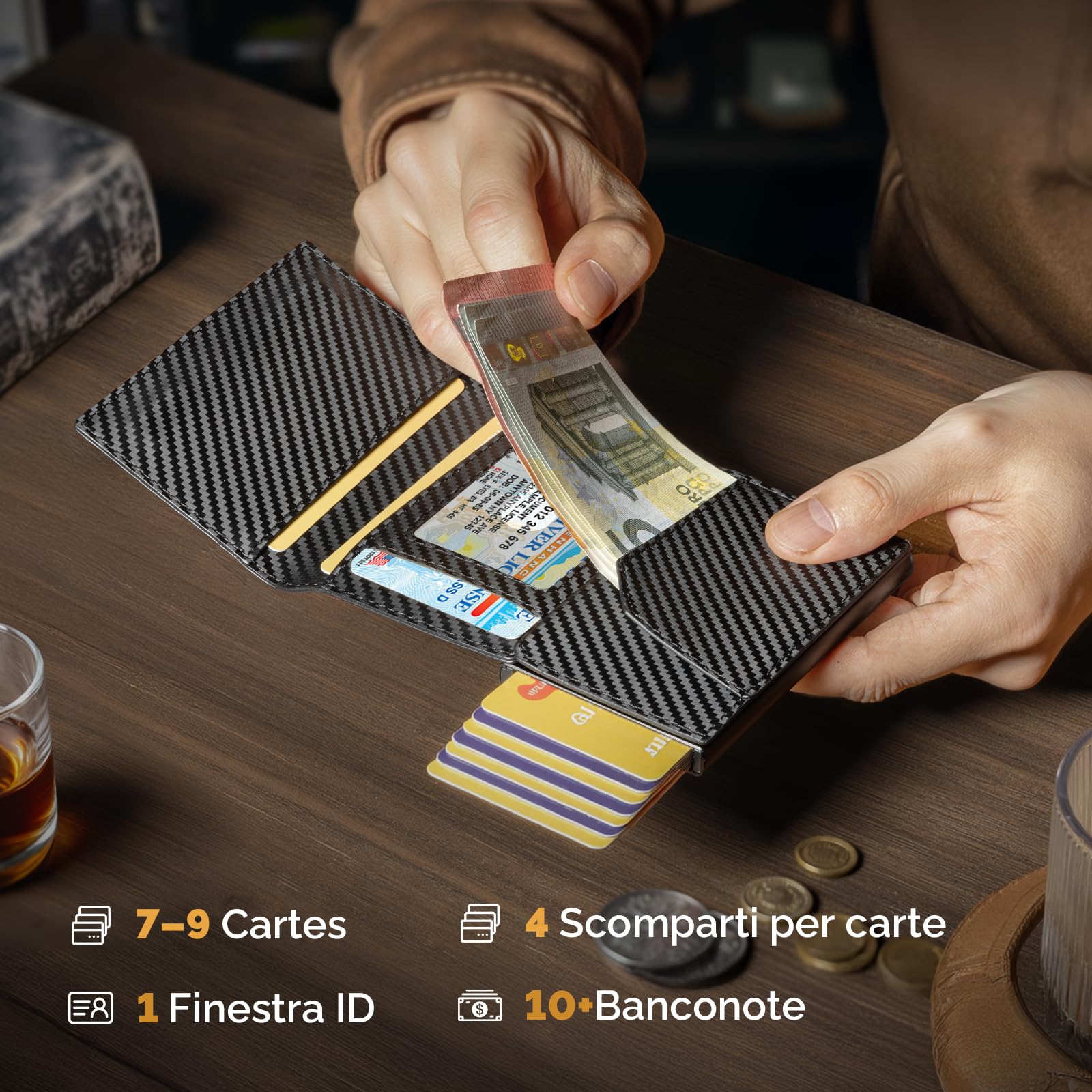YESIIW Portacarte Airtag con Super Compatto, Pop up Airtag Wallet per 10+ Cartes, 10+ Banconote & Finestra ID, Portafoglio Uomo Airtag con RFID & Chiusura Magnetica (Carbon Nero, XL Portamonete)