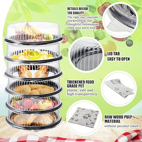 Miniatura 3 de Tessco 6 bandejas y tapa de servicio resistente, 12 hojas de papel de cera de delicatessen, platos redondos de plástico negro con tapas