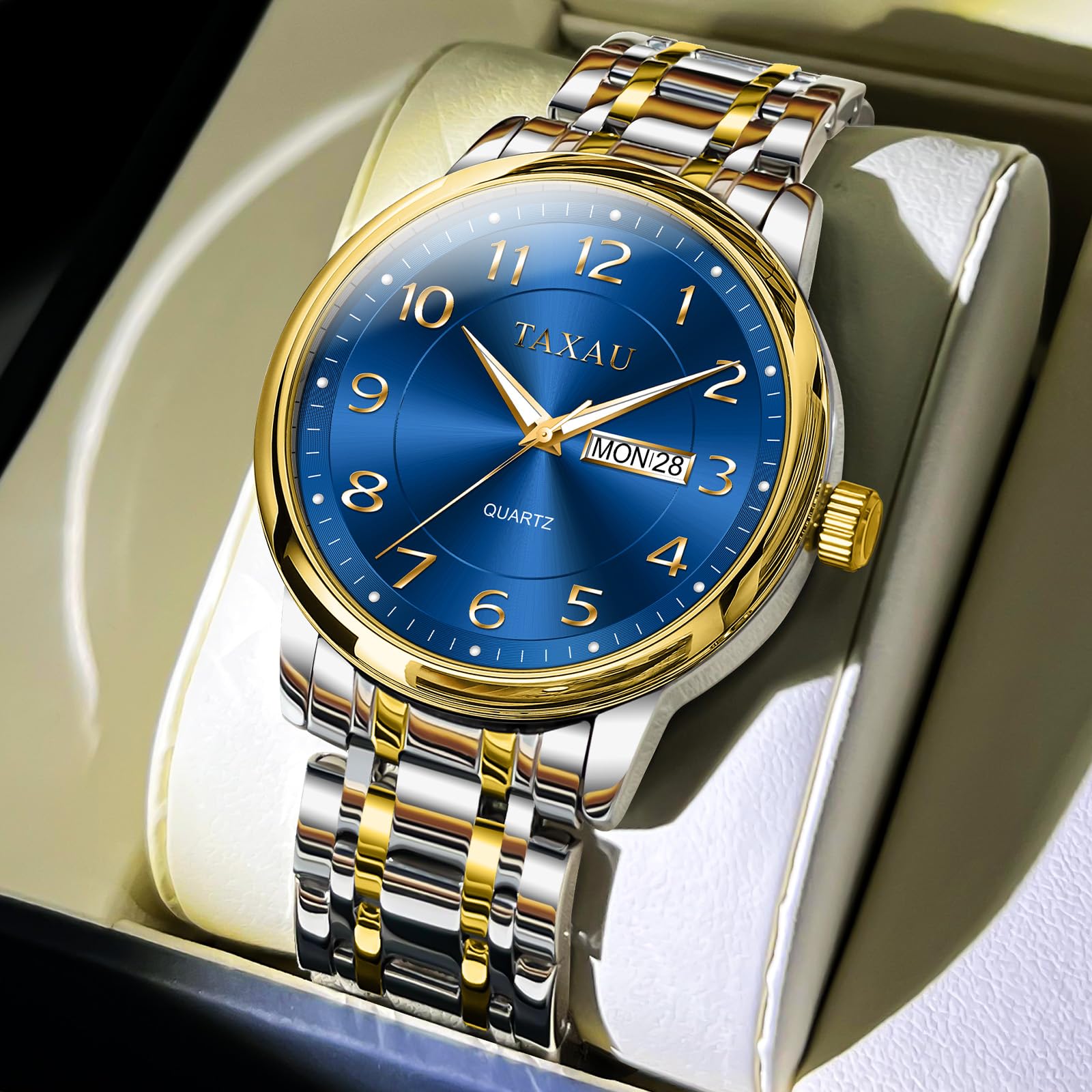 Taxau Klassische Herren Armbanduhr mit Edelstahlarmband, Analoge Quarz Uhr für Herren, 30M Wasserdicht mit Kalender, Elegante Business Uhr für Freizeit und Beruf