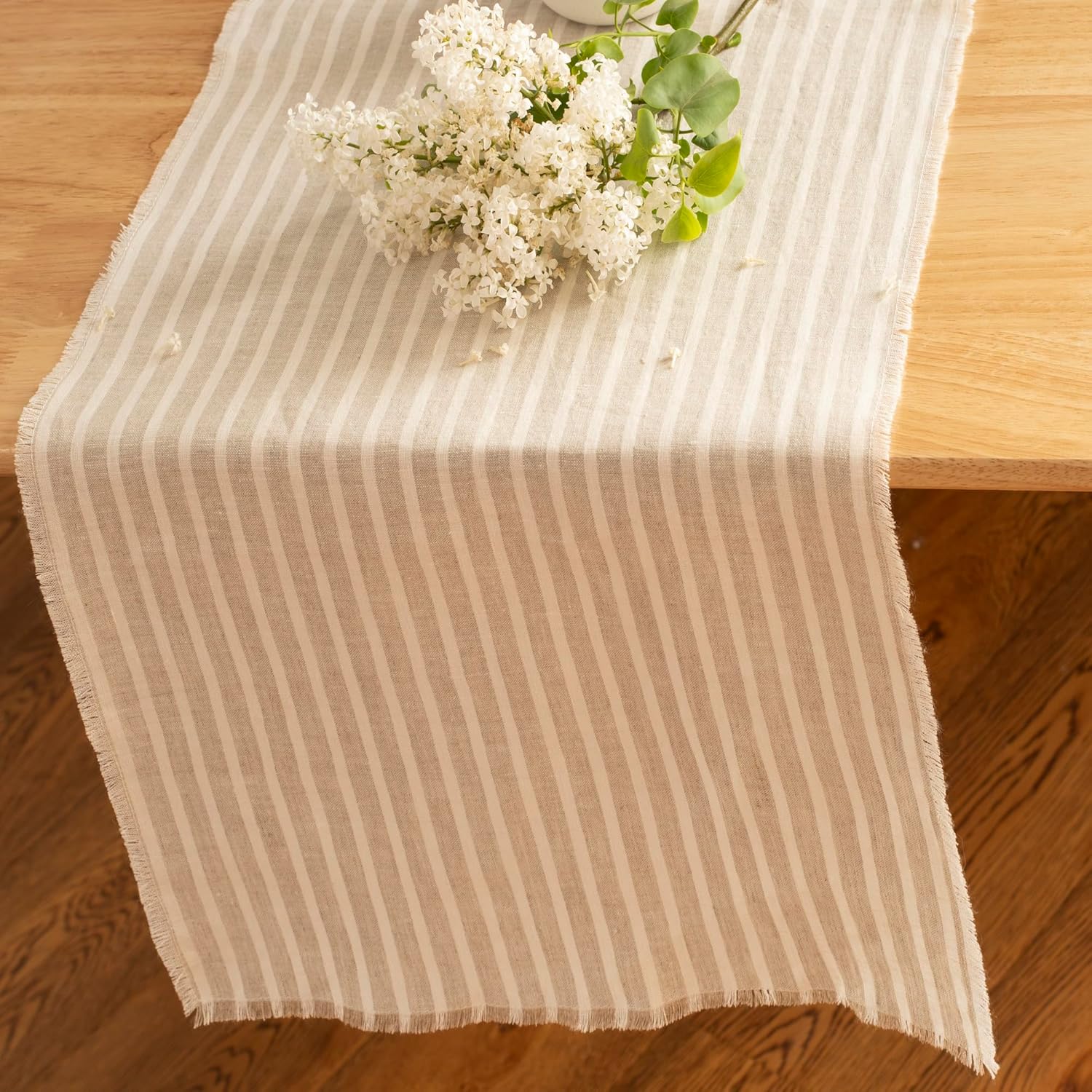 Stripe Linen Table Runner with Fringe- 14x108 Inch, 100% Pure Linen Natural and White Table Runner for Wedding, Party, Easter, Thanksgiving, Easter, Summer, Wedding- Handmade