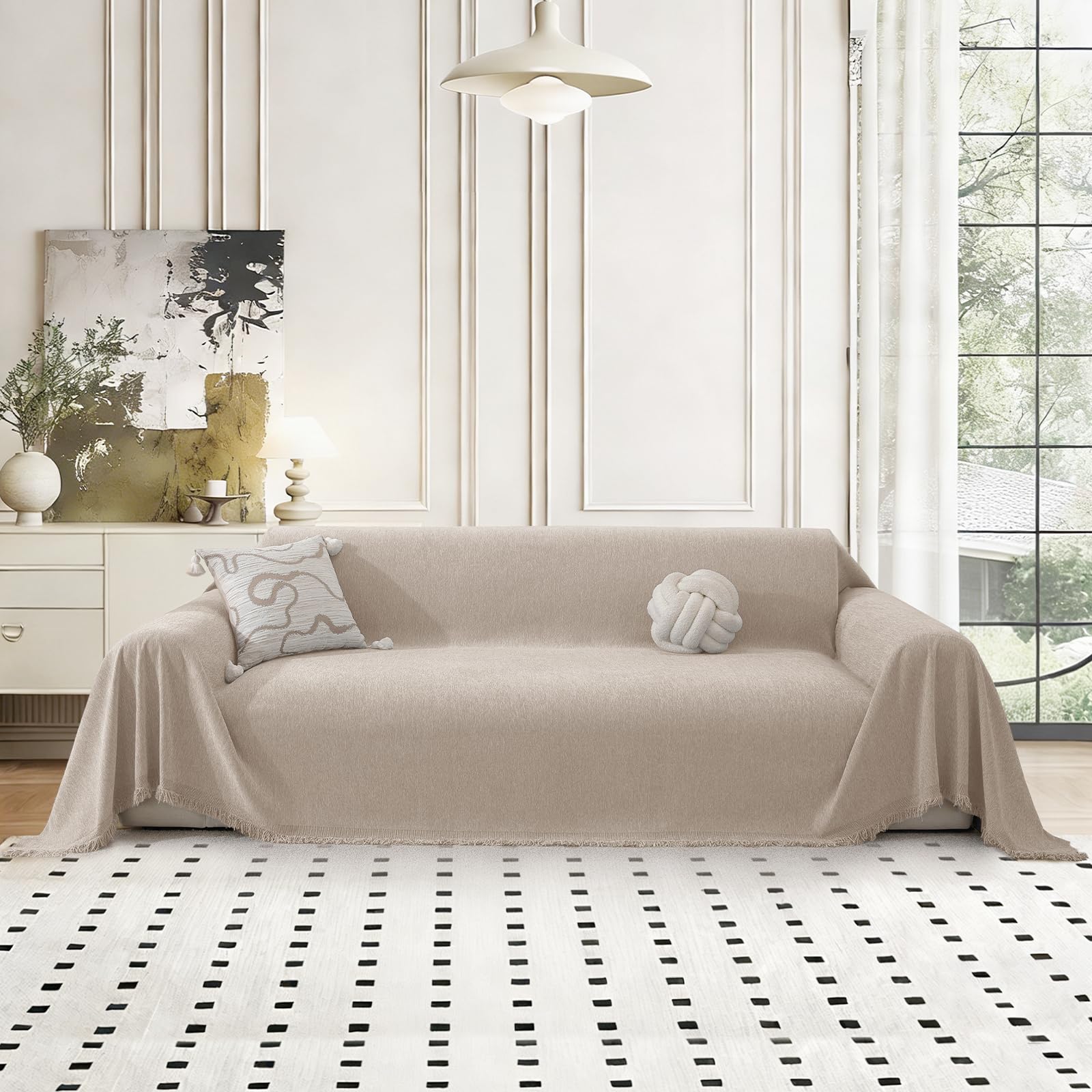 MAXIJIN Chenille Couch Cover for 2 3 4 Seater, Washable L-Shaped Corner Sofa Cover, All-Season Sofa Covers for Dogs, Pet Throw Blankets with Tassel Couch Protector Covers (Khaki, 180 * 340 cm) โ image 1