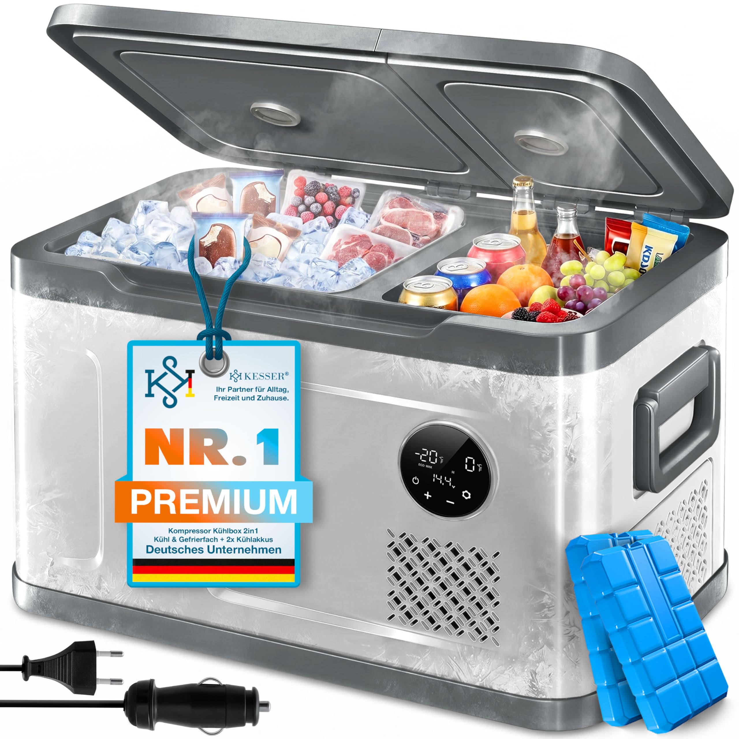 KESSER Kompressor Kühlbox 2in1 Doppelzone Kühl & Gefrierfach elektrische Gefrierbox -20°C 12/24V 230V Camping Auto Lkw