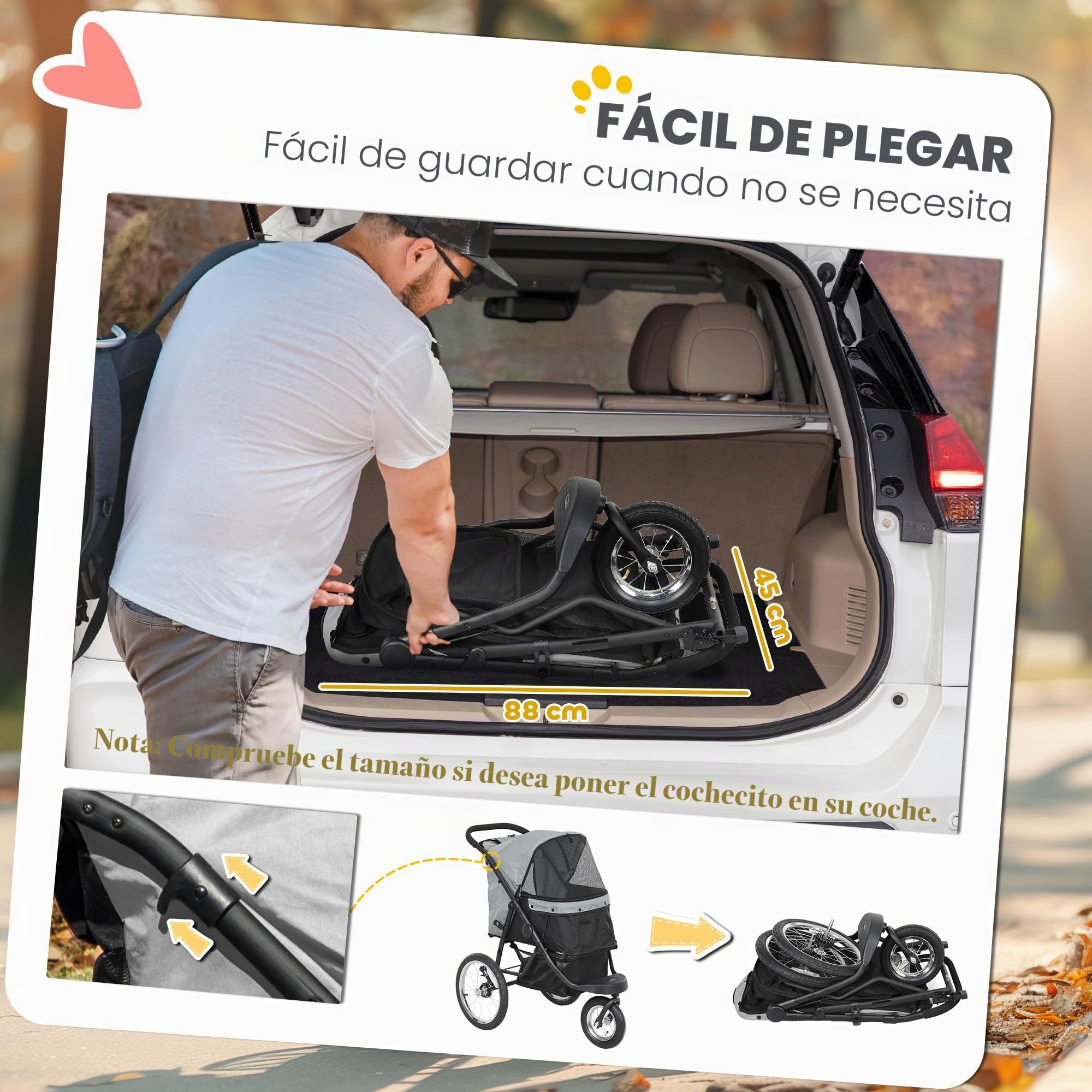 PawHut Cochecito jogger plegable para perros y gatos pequeños 10 kg gris