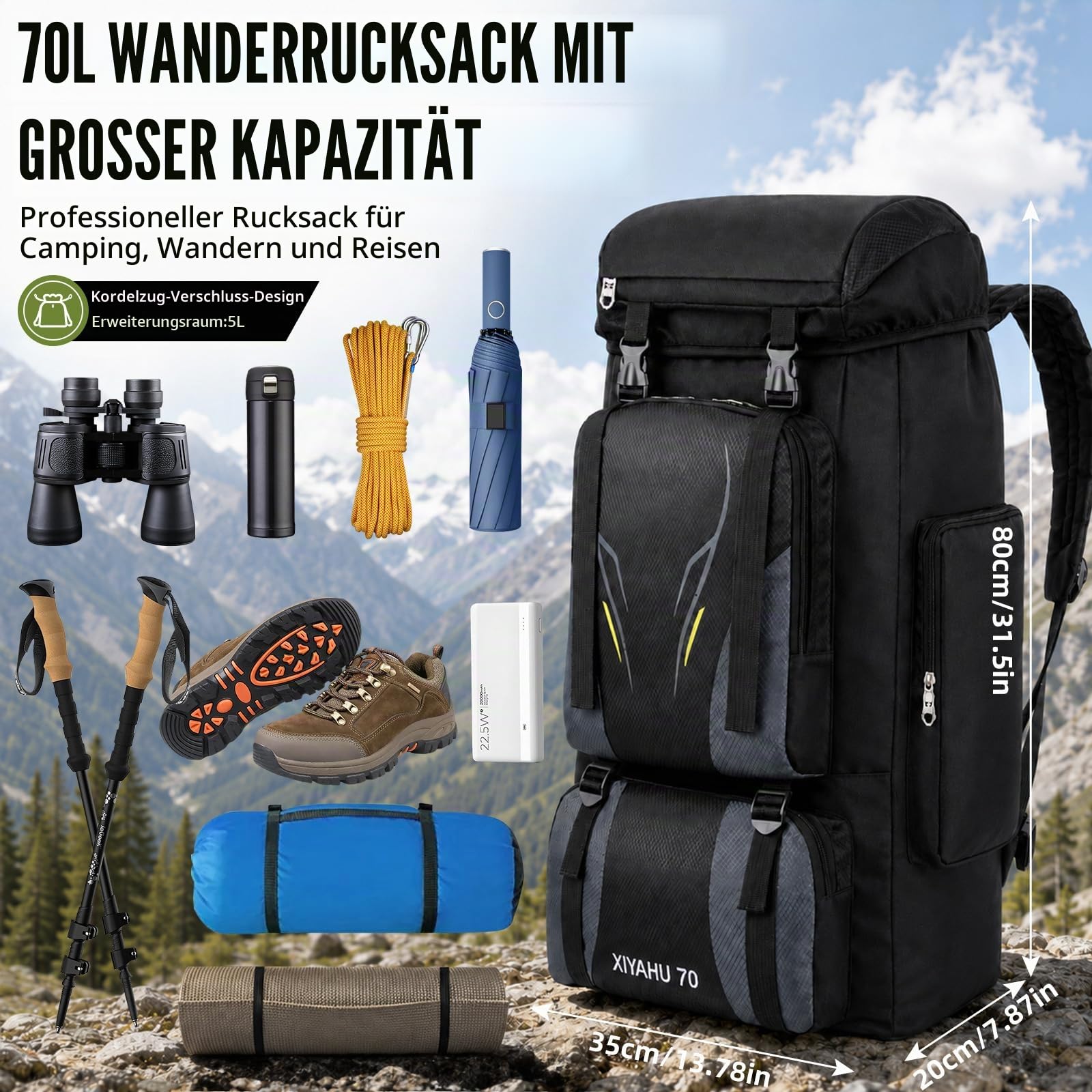 70L Campingrucksack Wanderrucksack Herren Damen Großer Trekkingrucksack Reiserucksack Wasserdicht Wandern Taktischer Rucksack mit Regenhülle für Camping Trekking Mountainering Outdoor Reisen