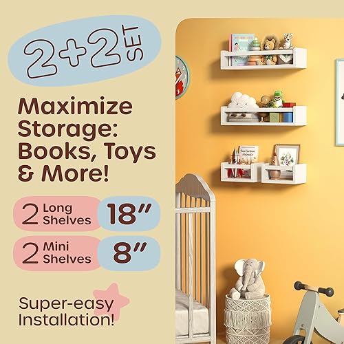 Miniatura 3 de HOMEY PANDA Estantes flotantes para libros de guardería para juego de pared 2 estantes largos de 18 pulgadas + 2 mini estantería de pared de 8
