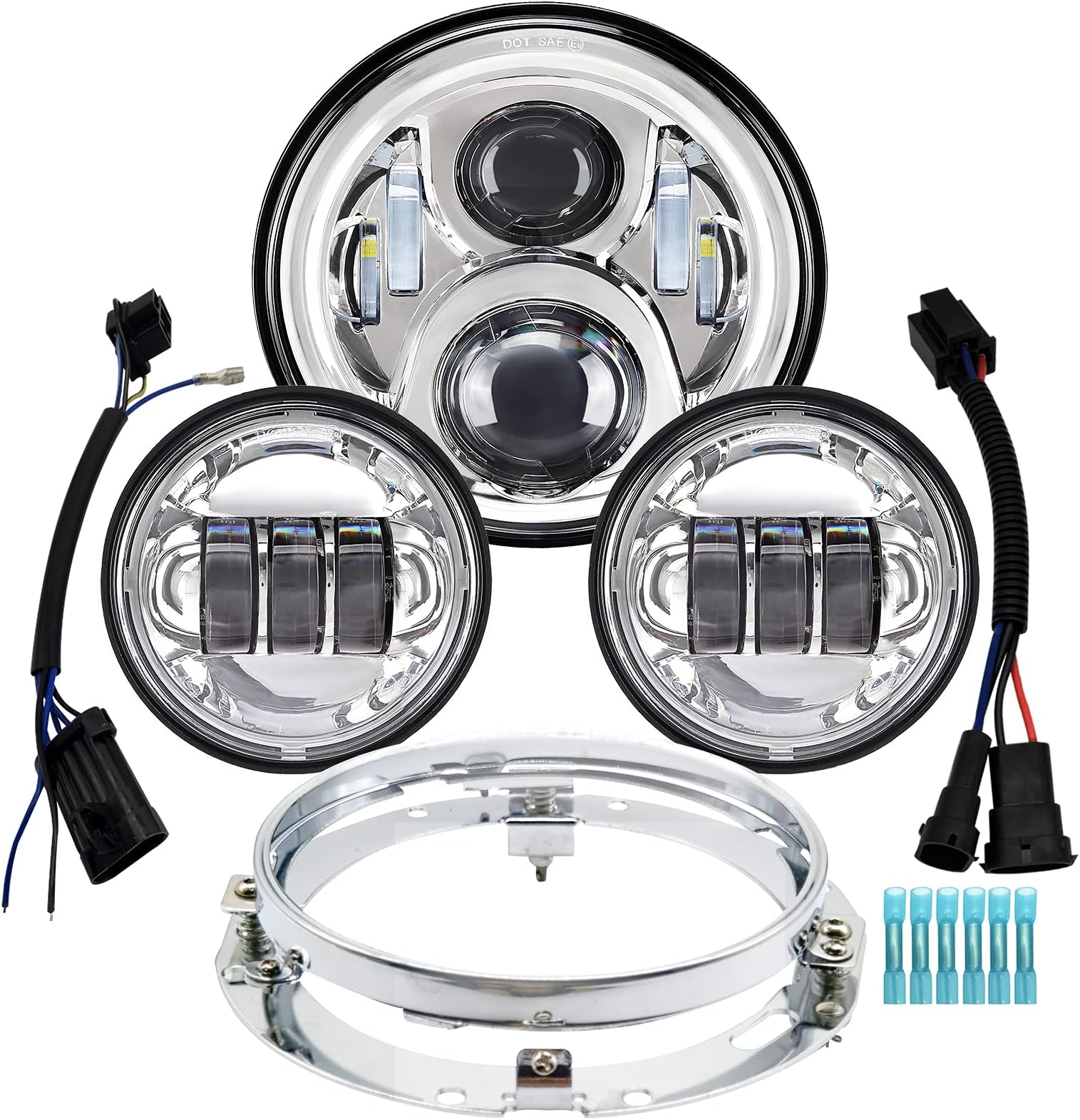 7 inch Motorcycle LED Headlight 4.5" Fog Passing Lights DOT Kit Compatible with Harley Davidson Fat Boy Street Glide Heritage Softail Road King Switchback Electra Glide Ultra Classic Chrome
