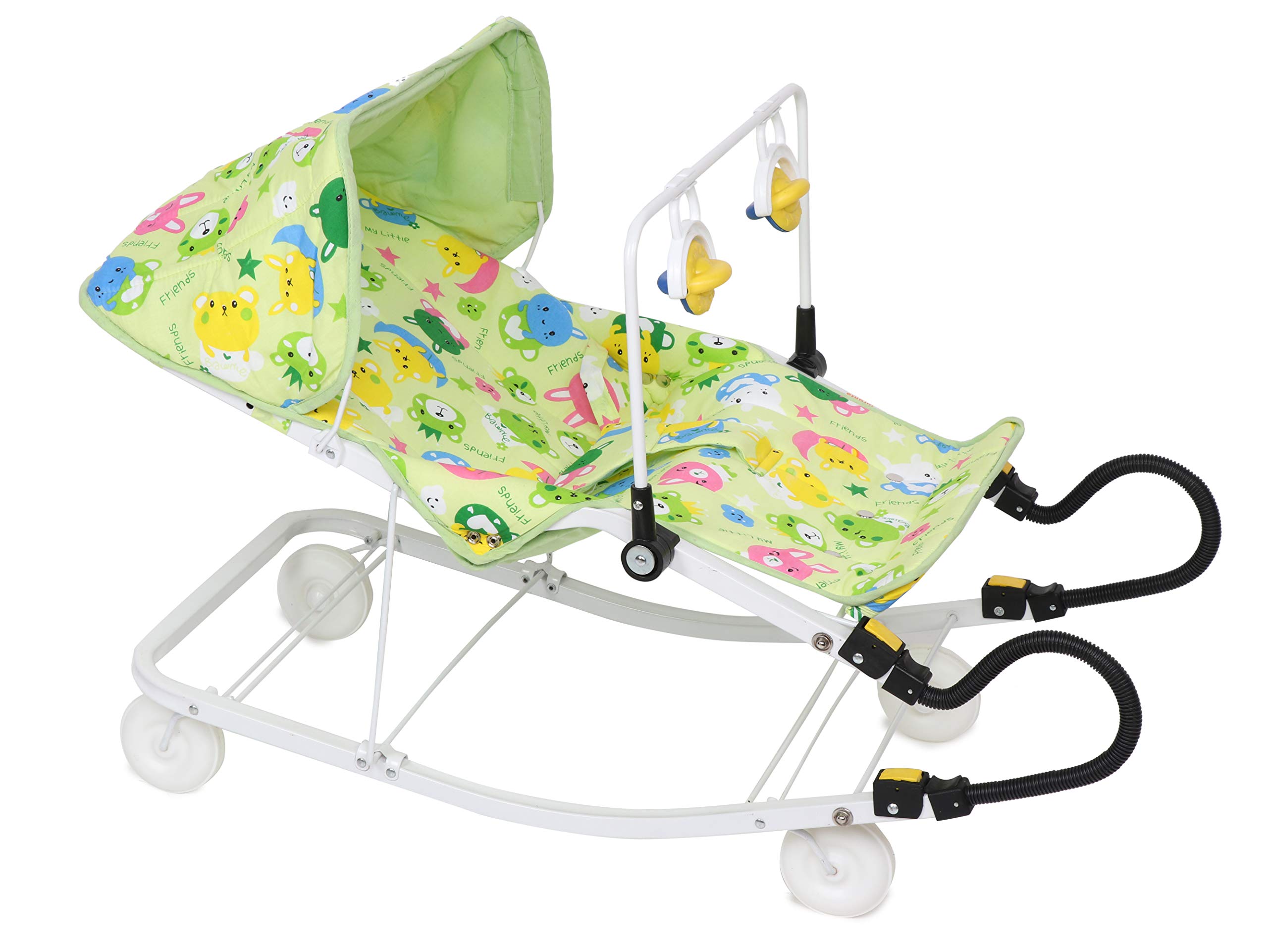 INFANTO Multipurpose Bouncer - 3-in-1 Baby Bouncer, Rocker & Indoor Cart | Superior Locking, Extra Comfort, Sunshade, Attractive Play Toy | Suitable from Birth up to 18 Months-RB32 (Green)