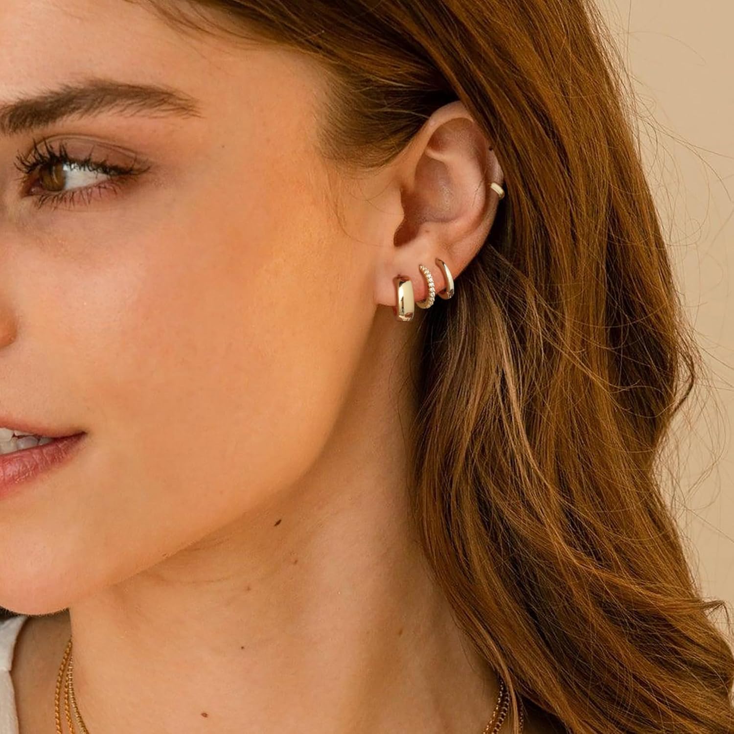 Risamil 14K Gold Plated Hoop Earrings for Women, Earrings for Women Trendy Hypoallergenic Cubic Zirconia Stud Earrings Dainty Small Hoops Chunky Huggie Earrings Set for Women Jewelry Gifts - Image 3